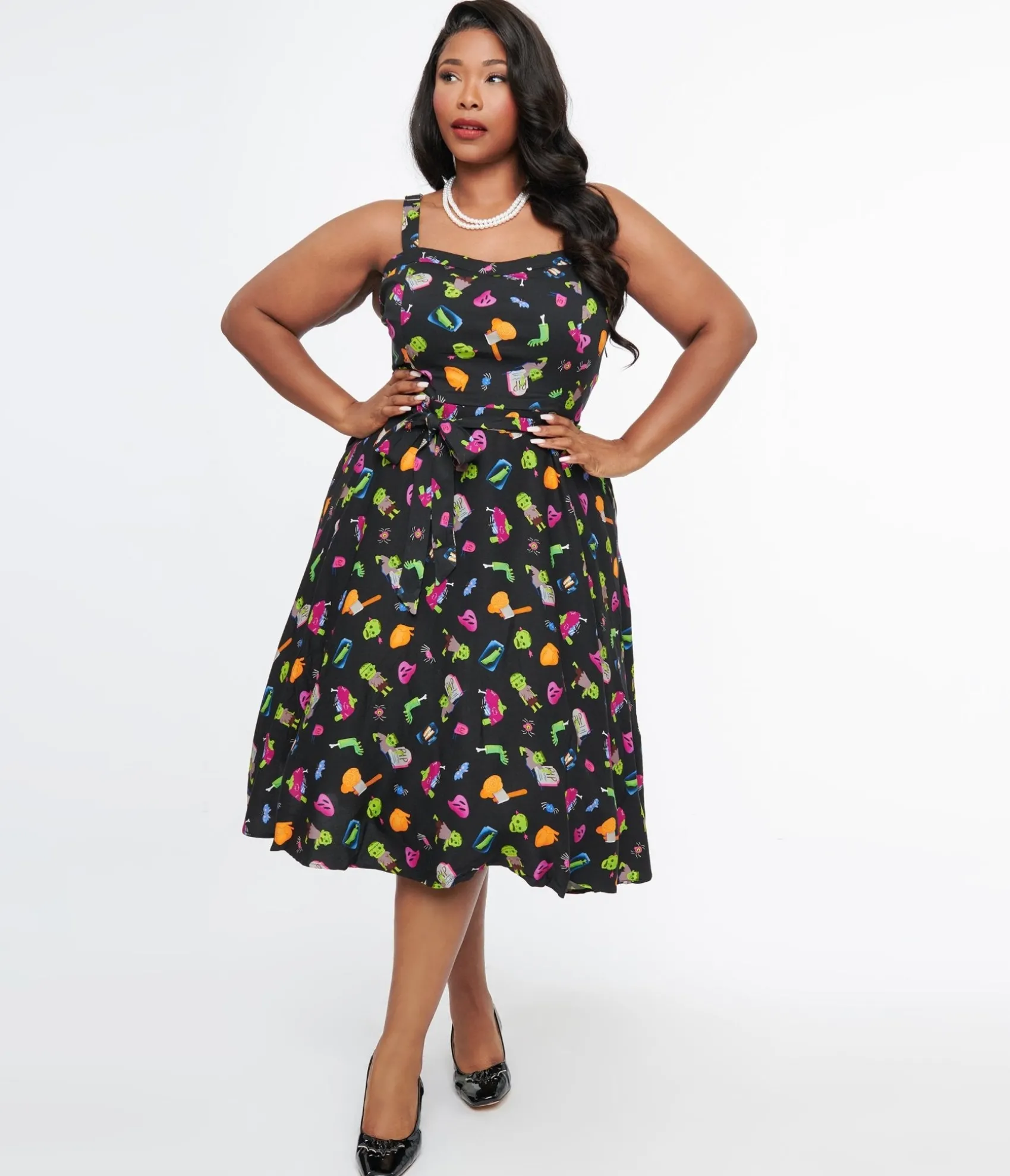 Unique Vintage Plus Size 1950s Black Zombie Print Lori Swing Dress Cheap