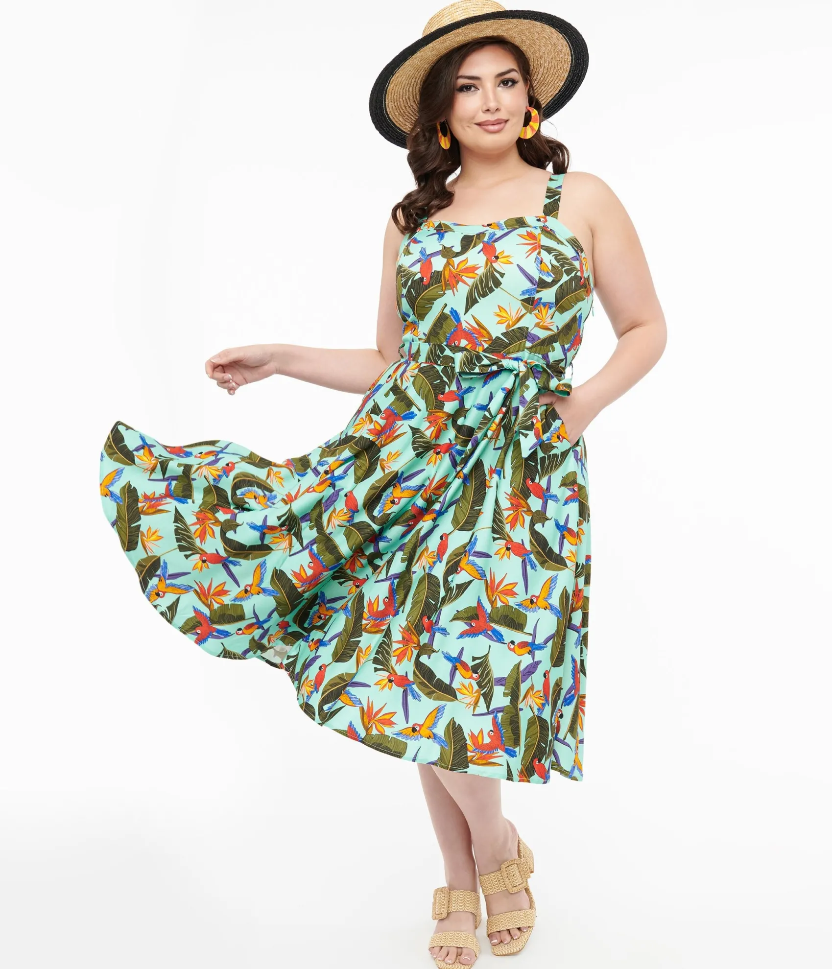 Unique Vintage Plus Size 1950s Blue & Green Tropical Parrot Print Lori Swing Dress Sale