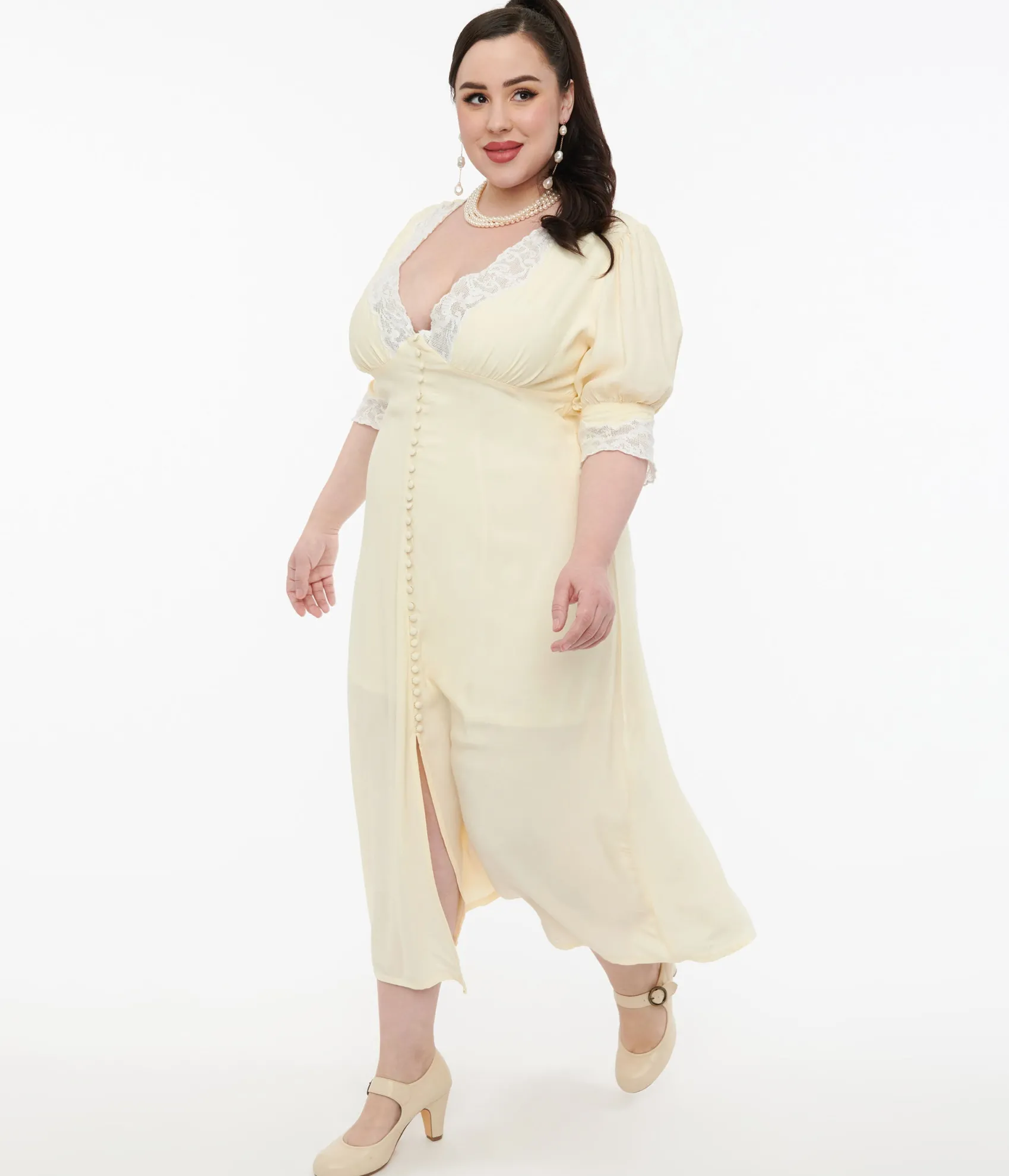 Unique Vintage Plus Size 1930s Cream & White Lace Midi Dress Discount