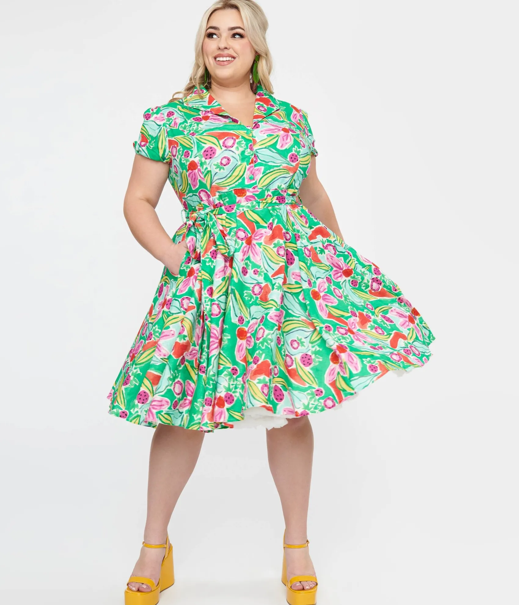 Unique Vintage Plus Size 1950s Green & Pink Berry Bloom Print Monroe Fit & Flare Dress Clearance