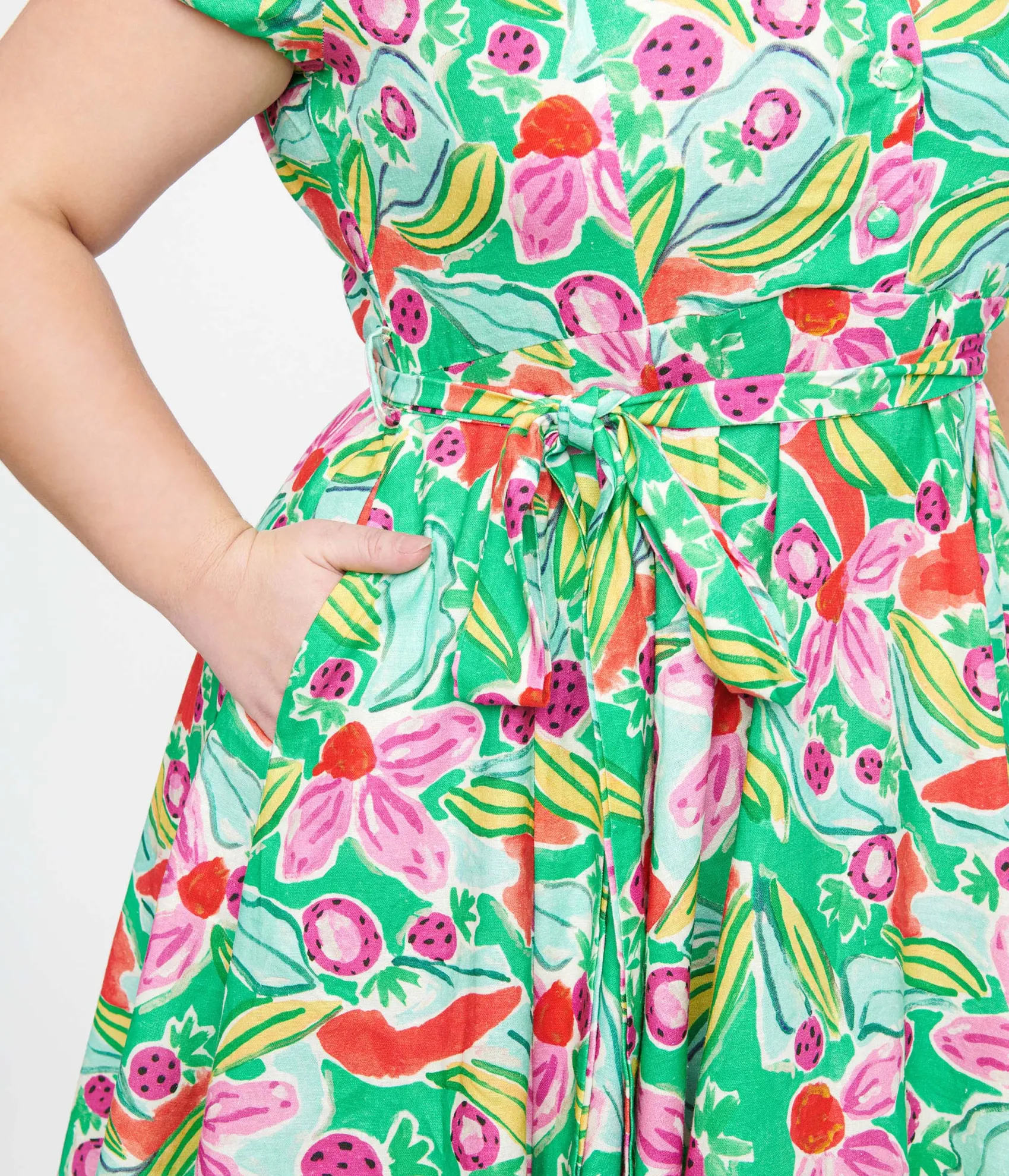 Unique Vintage Plus Size 1950s Green & Pink Berry Bloom Print Monroe Fit & Flare Dress Clearance