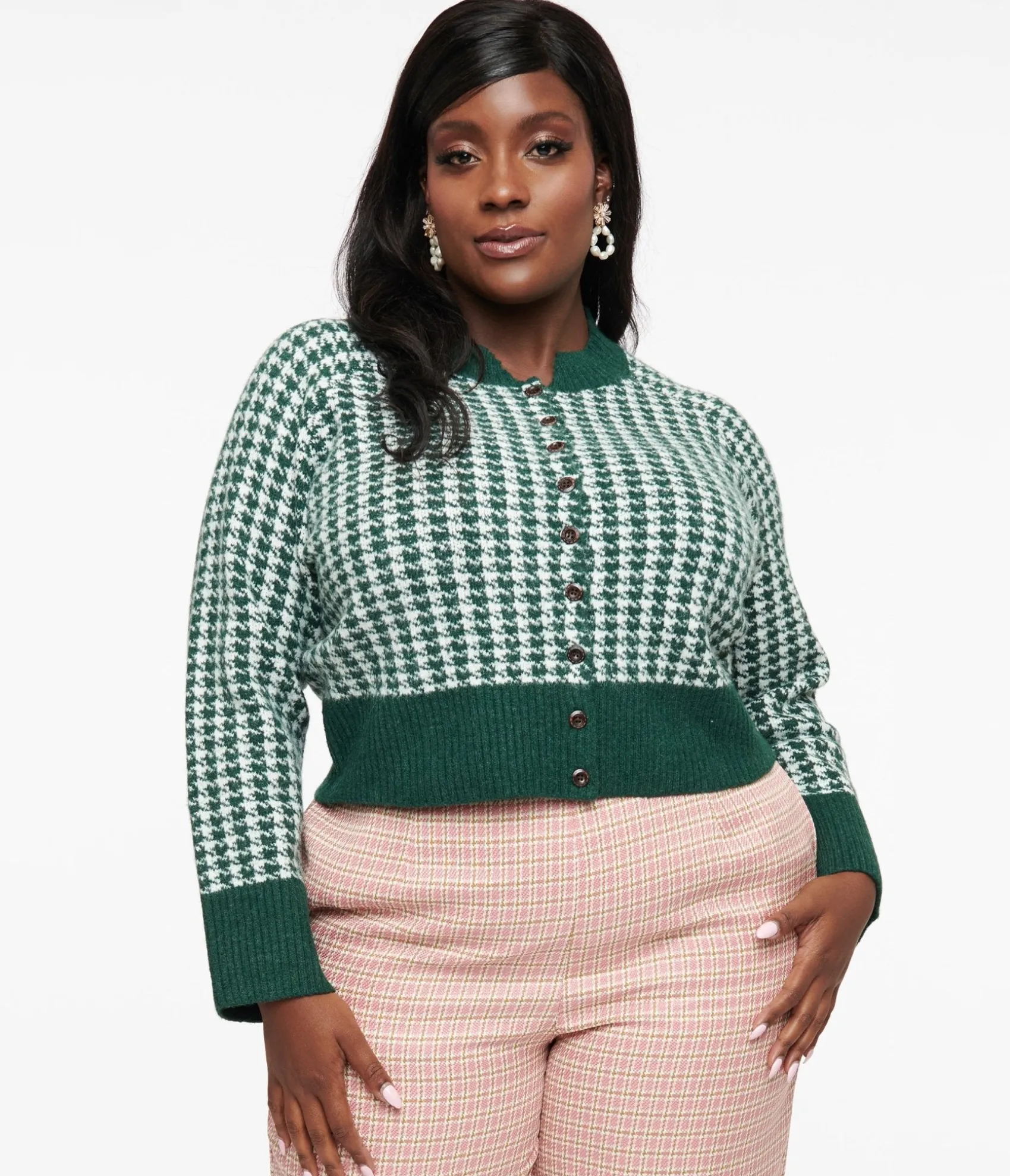 Unique Vintage Plus Size 1950s Green & White Houndstooth Hattie Cardigan Hot