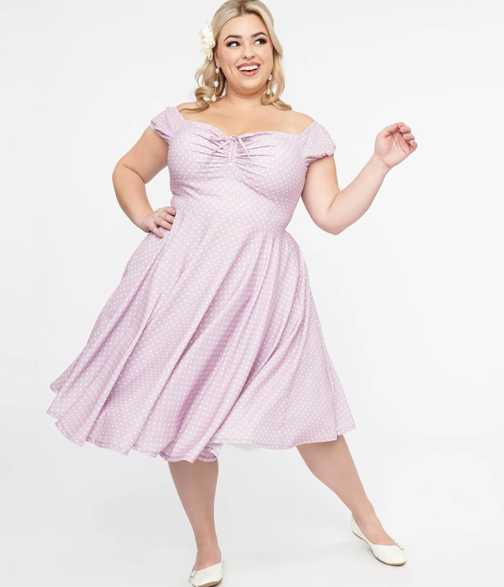 Unique Vintage Plus Size 1950s Lavender & White Heart Print Victoria Swing Dress Best