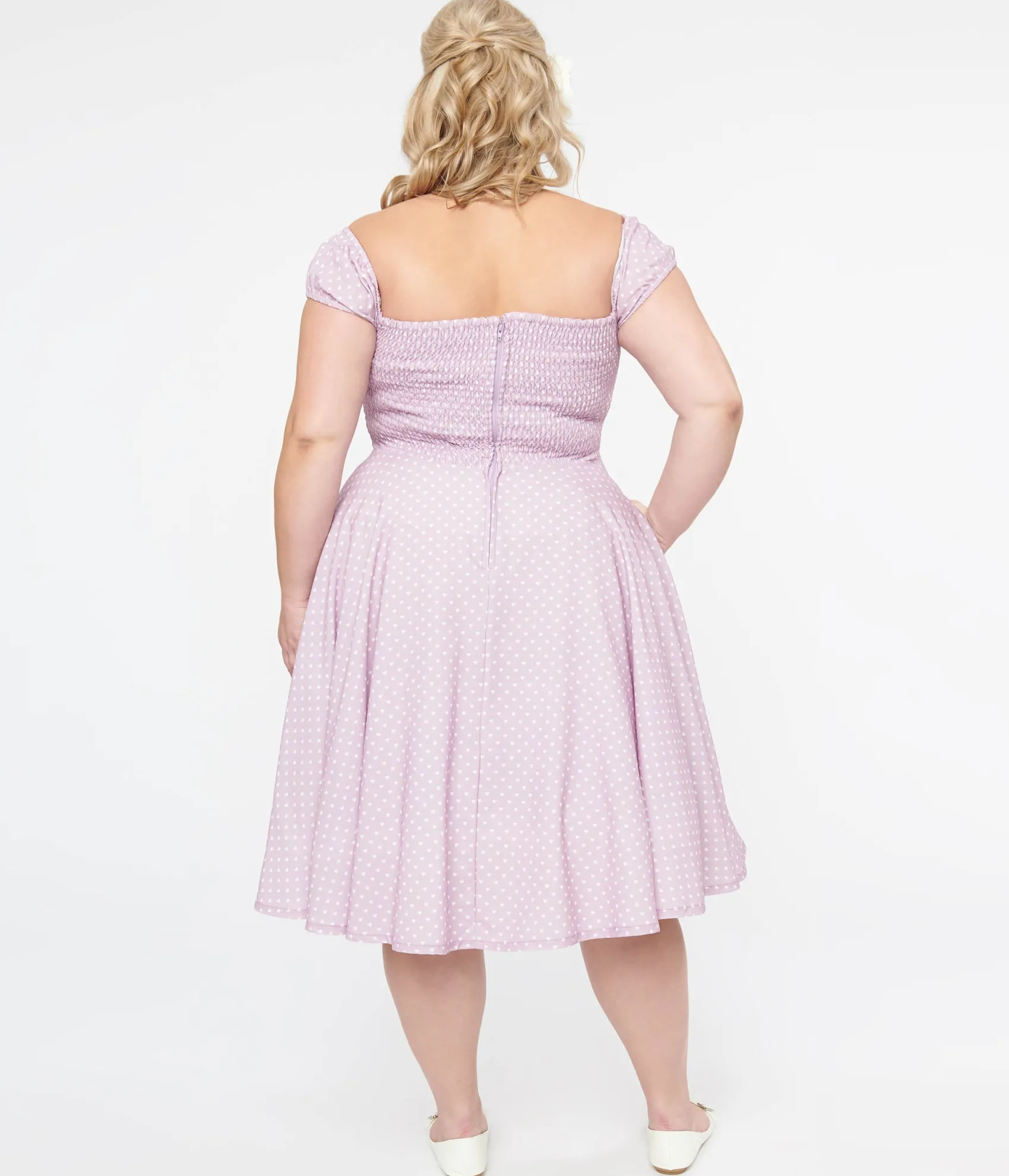 Unique Vintage Plus Size 1950s Lavender & White Heart Print Victoria Swing Dress Best