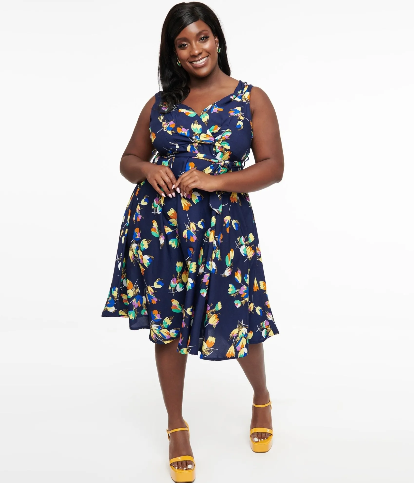 Unique Vintage Plus Size 1950s Navy Floral Print Swing Dress New