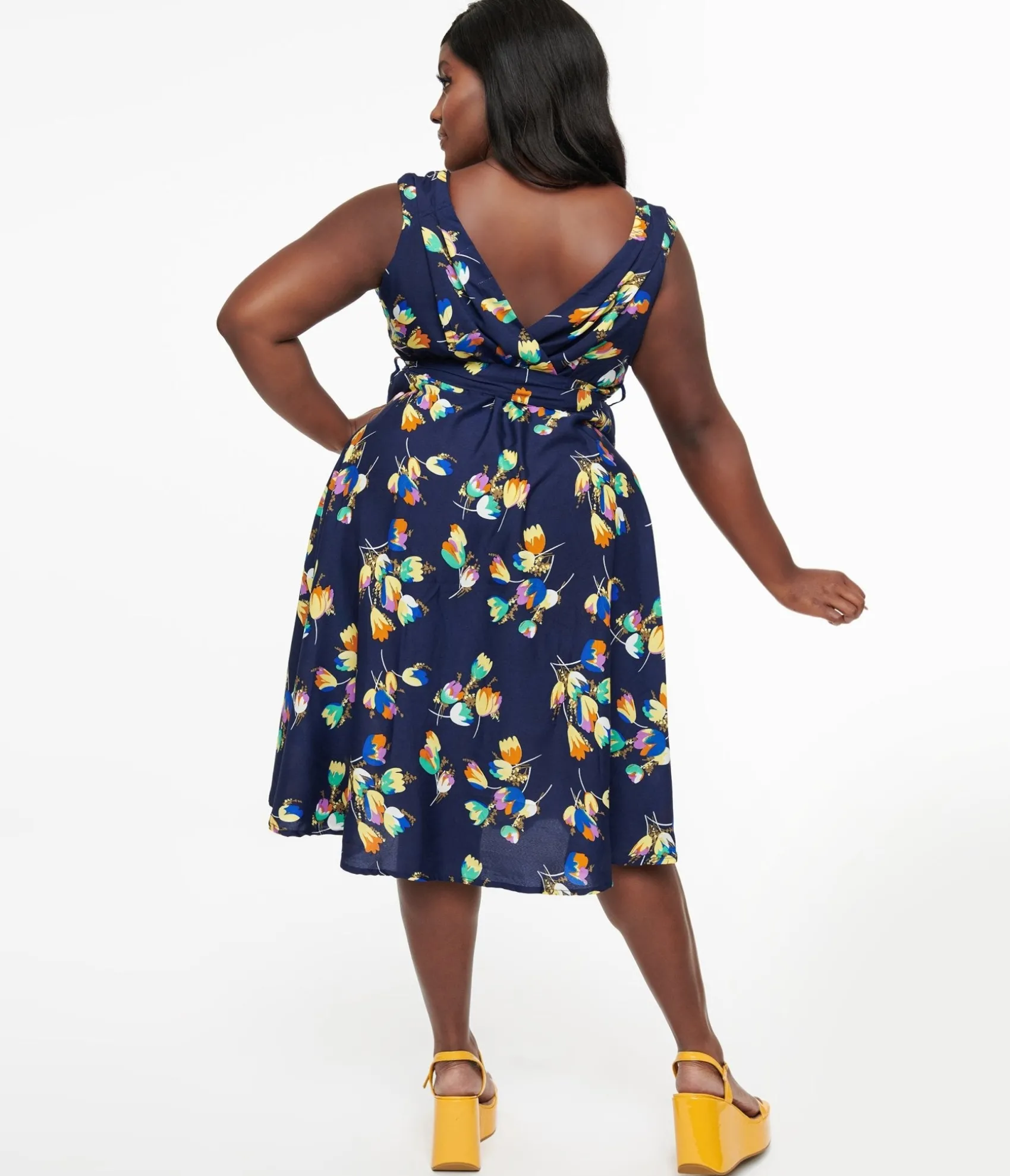 Unique Vintage Plus Size 1950s Navy Floral Print Swing Dress New