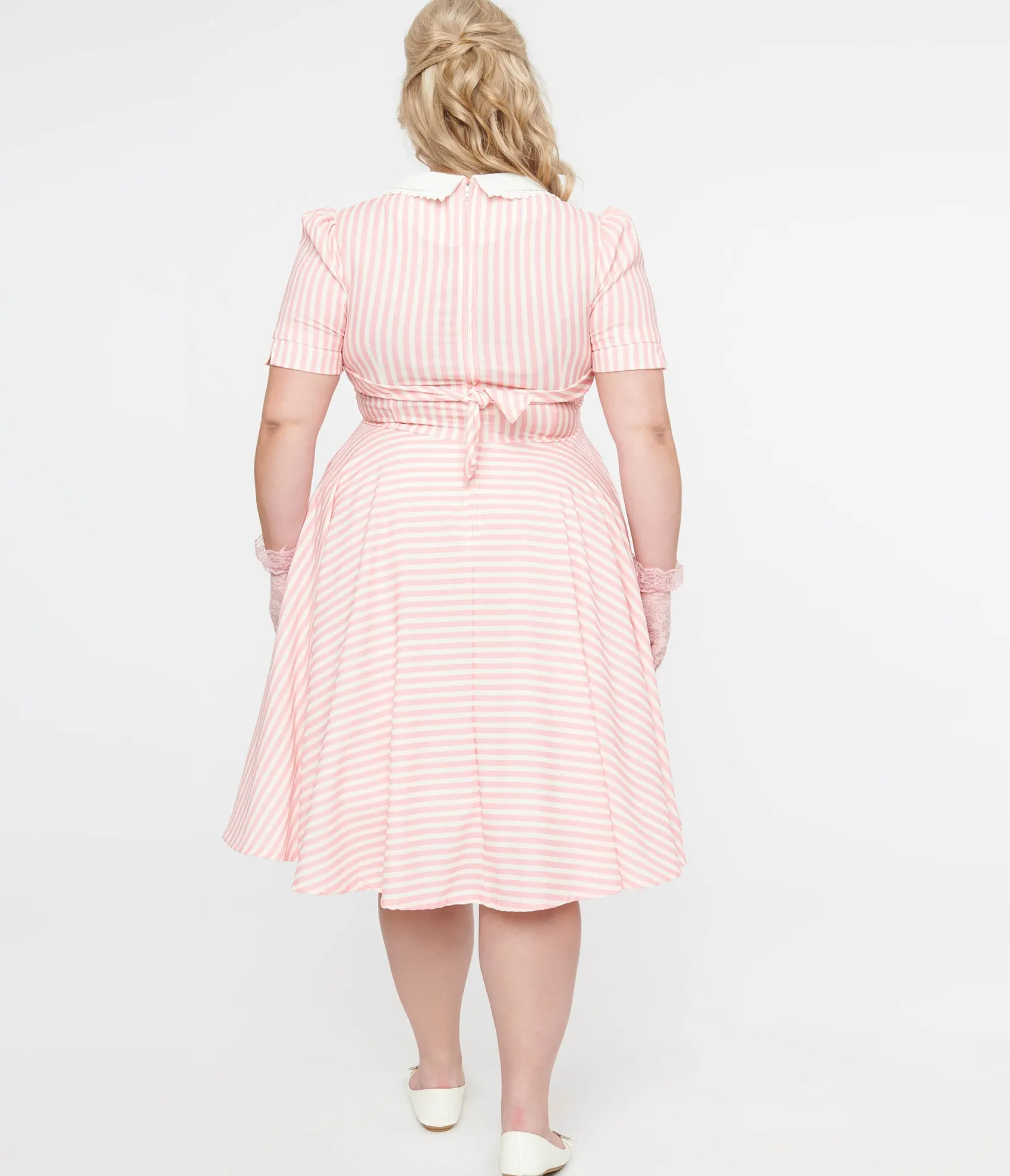 Unique Vintage Plus Size 1950s Pink & White Striped Brielle Swing Dress Hot