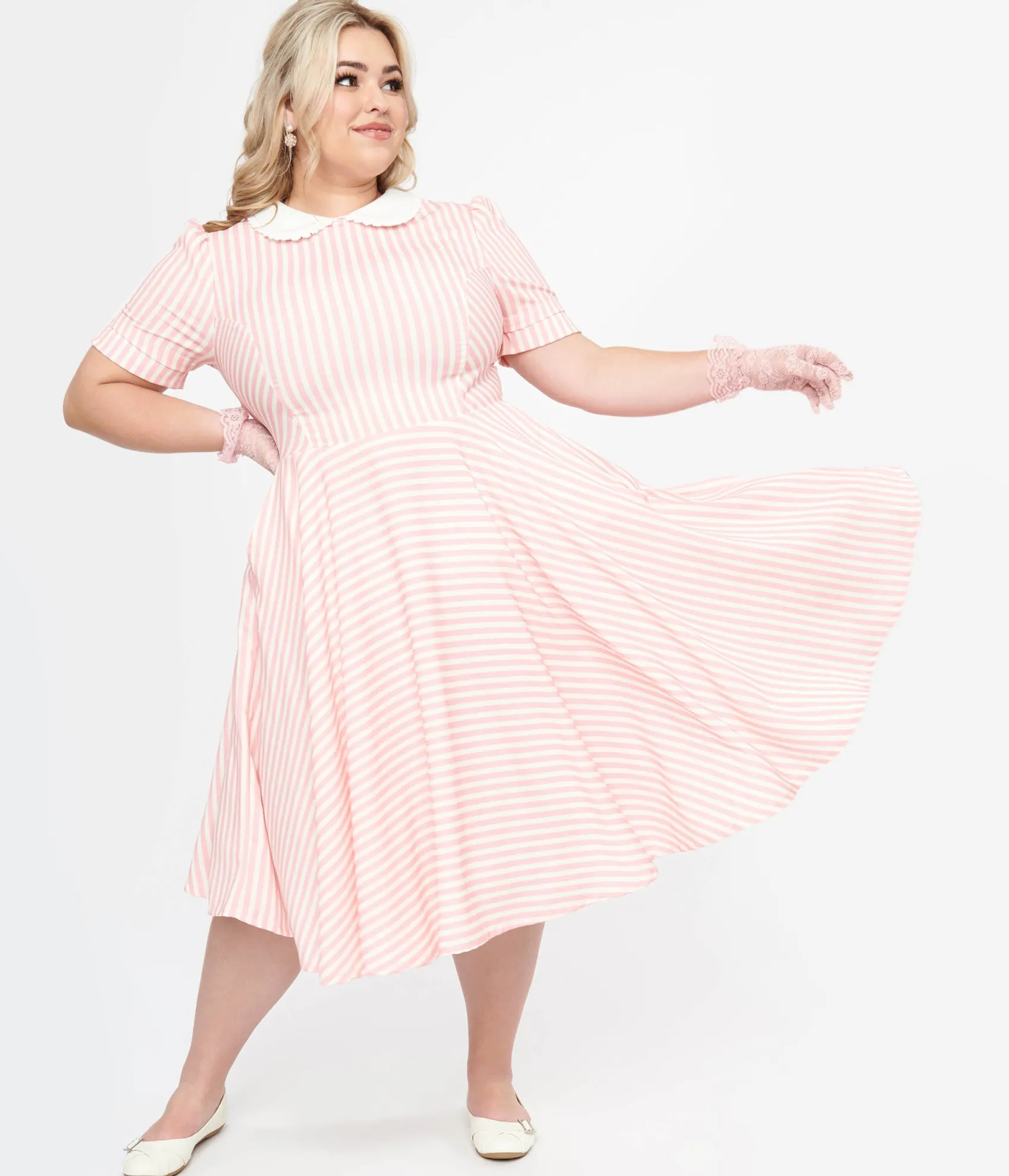 Unique Vintage Plus Size 1950s Pink & White Striped Brielle Swing Dress Hot