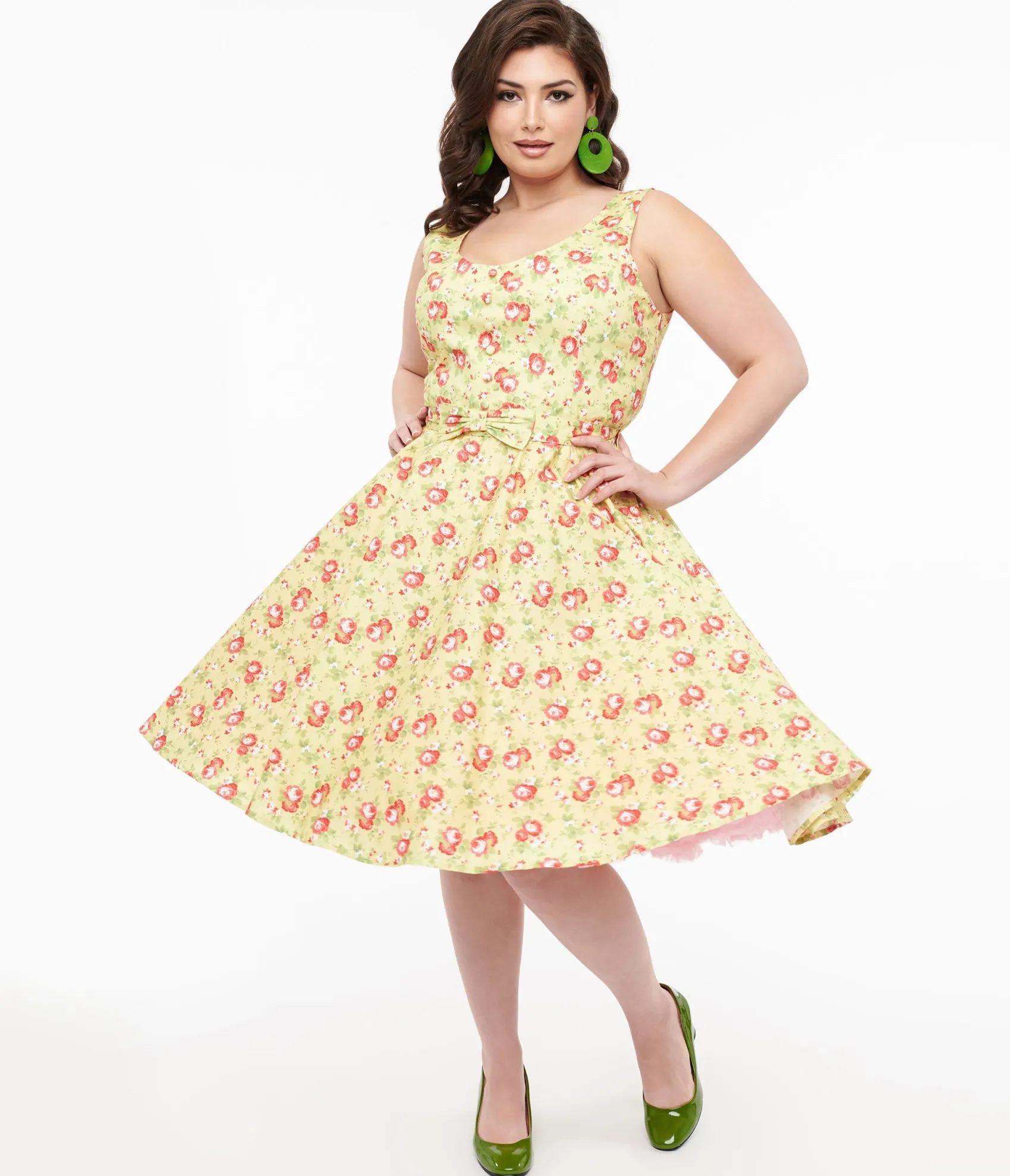 Unique Vintage Plus Size 1950s Pistachio Green & Pink Floral Cotton Selda Swing Dress Discount