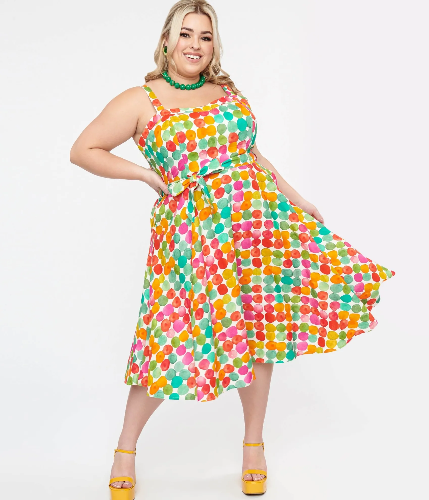 Unique Vintage Plus Size 1950s Rainbow Watercolor Polka Dot Lori Swing Dress Cheap