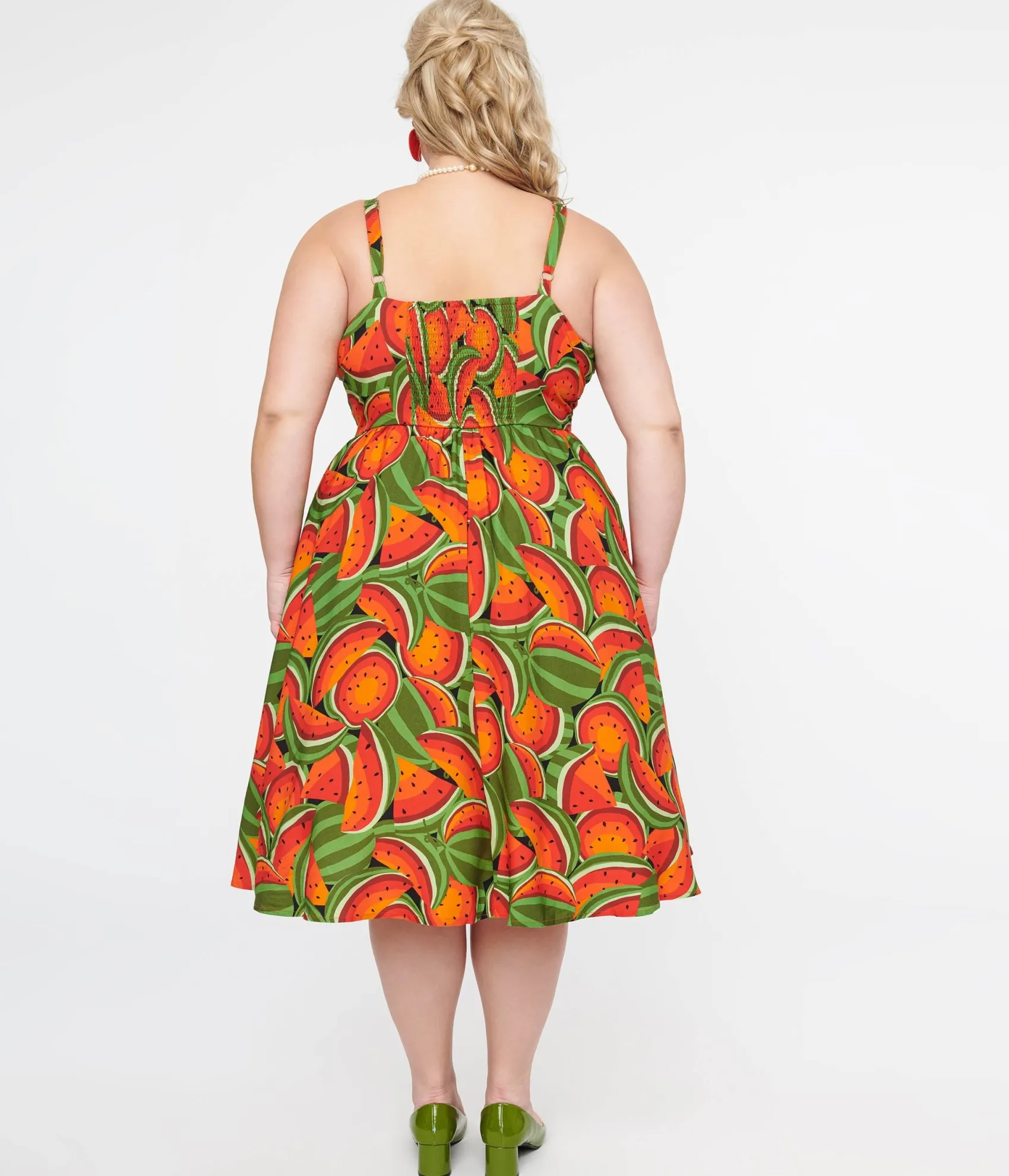 Unique Vintage Plus Size 1950s Red & Green Watermelon Print Eden Fit & Flare Dress New