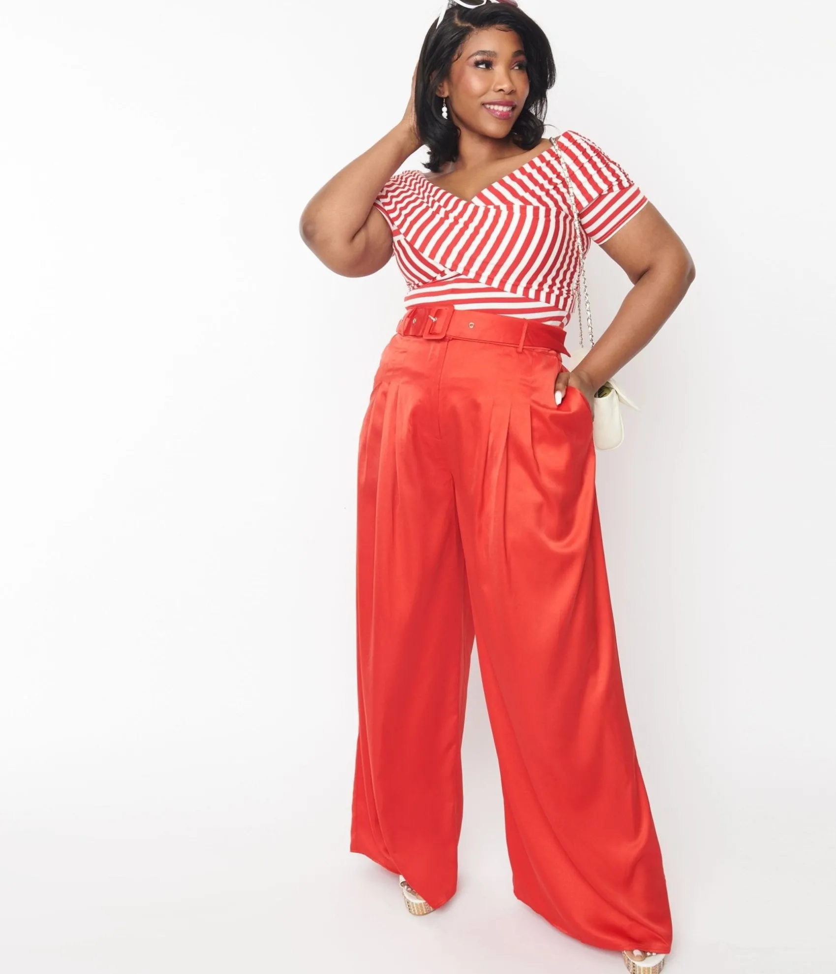 Unique Vintage Plus Size 1970s Red Satin Belted Wide Leg Pants Cheap