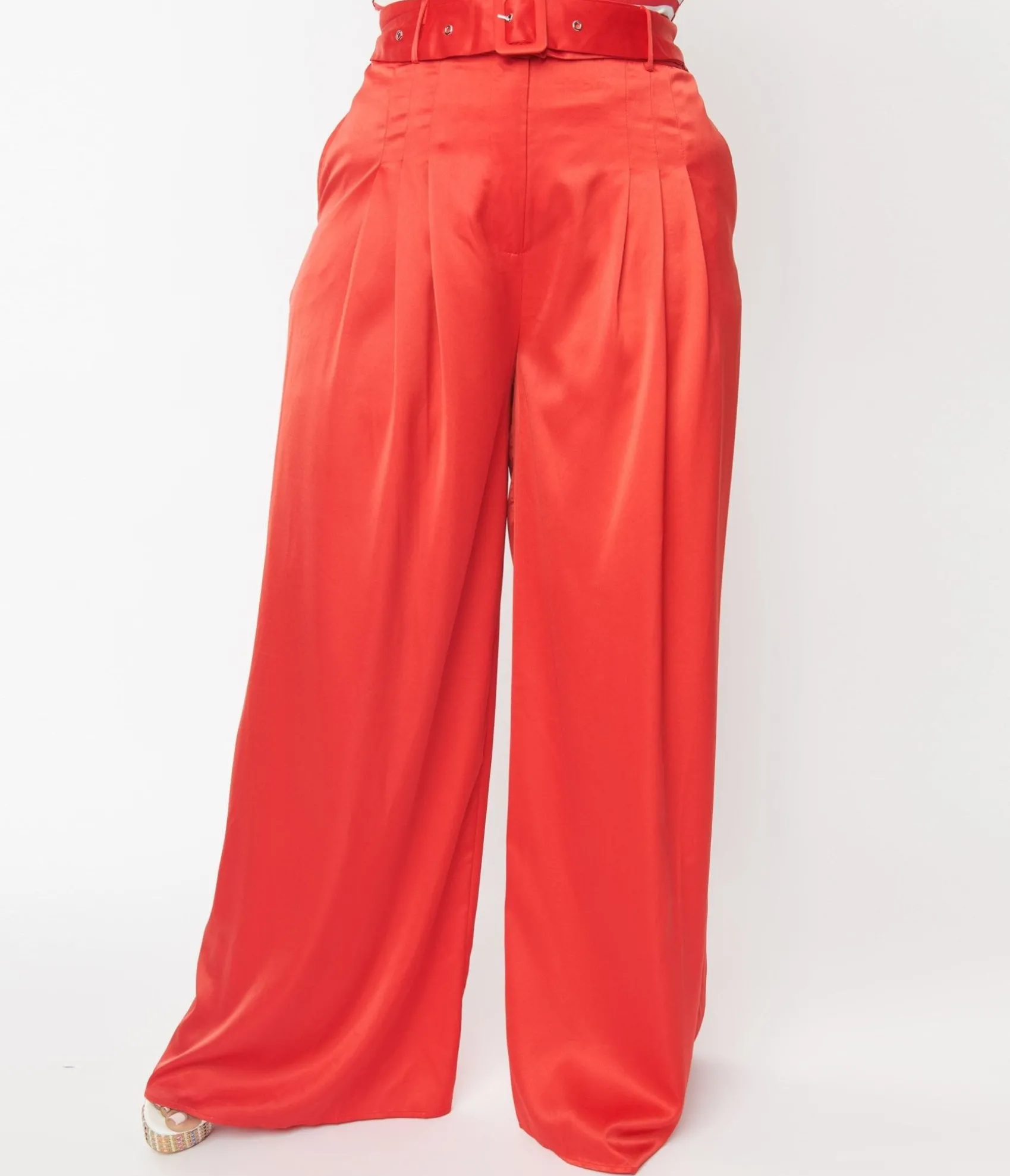 Unique Vintage Plus Size 1970s Red Satin Belted Wide Leg Pants Cheap