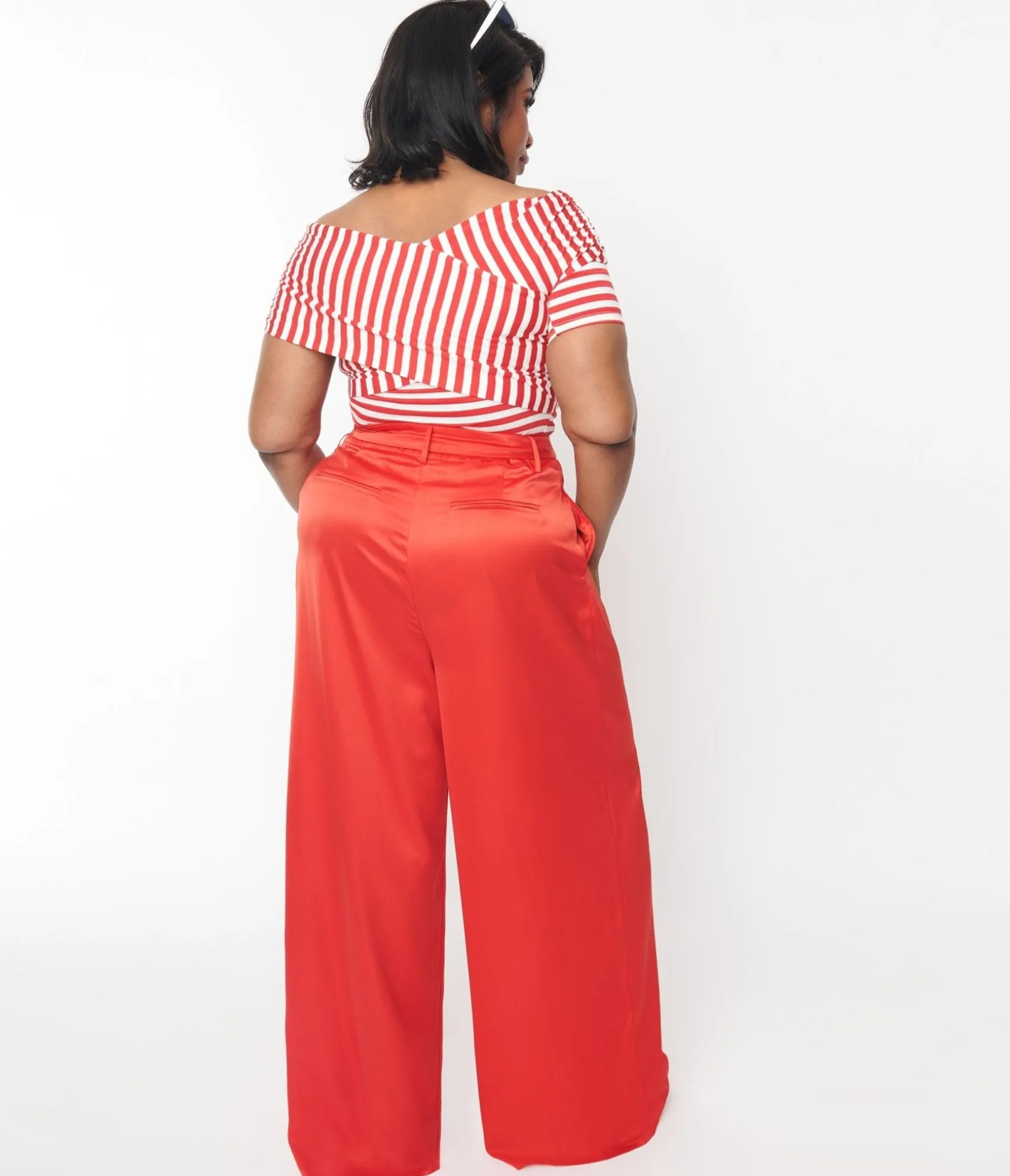 Unique Vintage Plus Size 1970s Red Satin Belted Wide Leg Pants Cheap