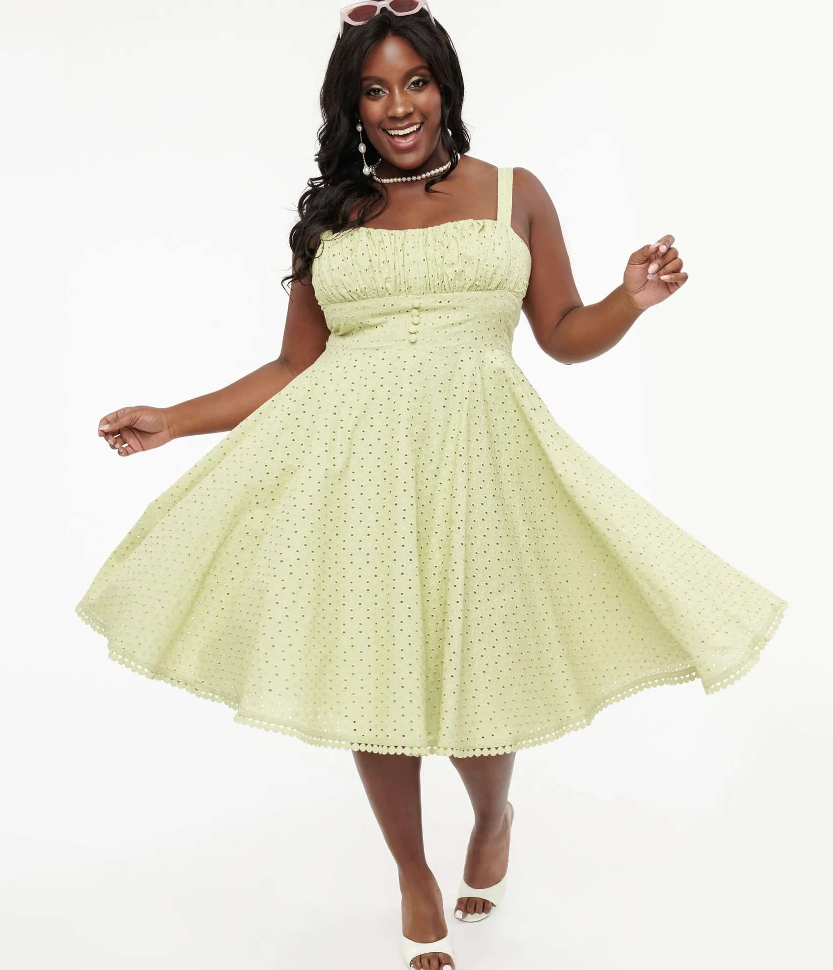 Unique Vintage Plus Size 1950s Sage Green Eyelet Cotton Valerie Dress Shop
