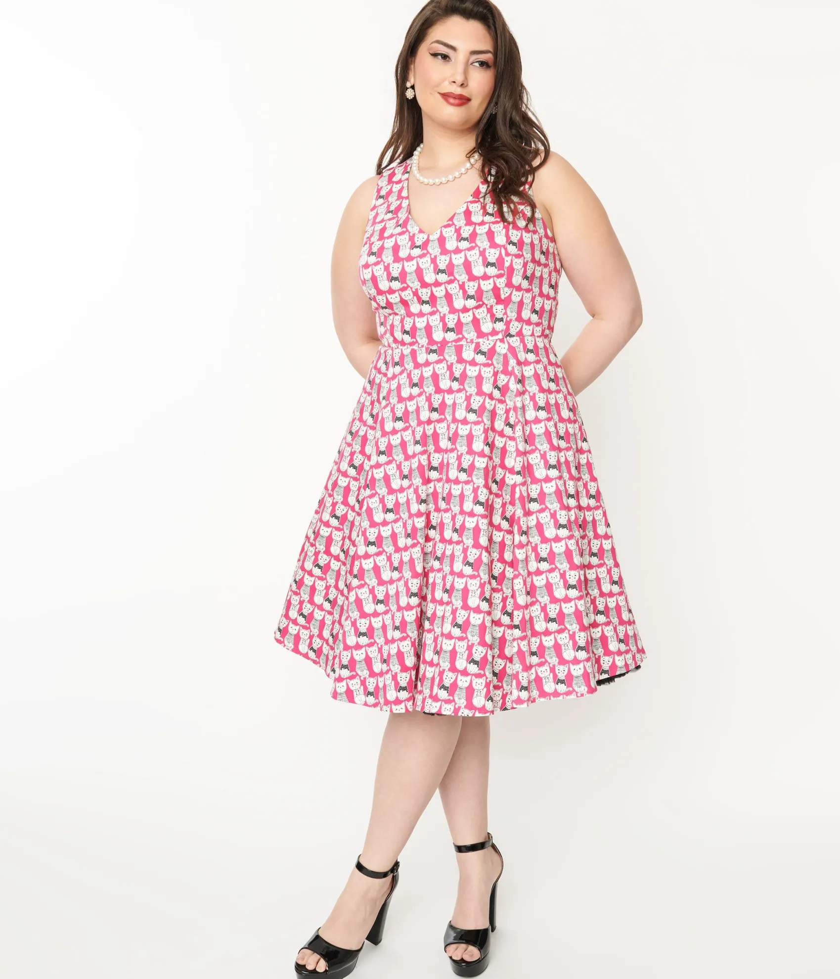 Unique Vintage Plus Size 1950s Style Hot Pink Cat Print Sleeveless Swing Dress Cheap
