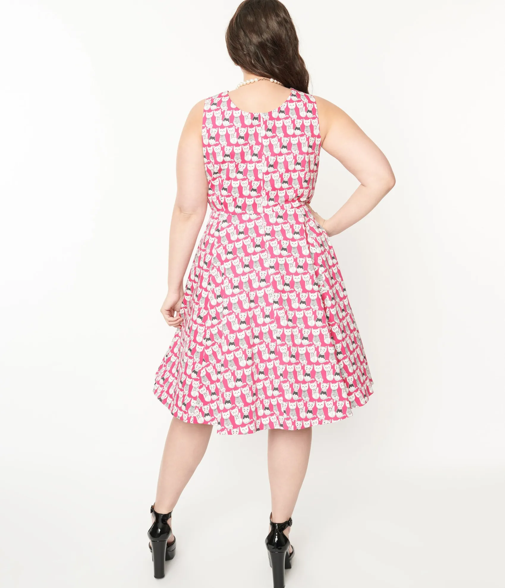 Unique Vintage Plus Size 1950s Style Hot Pink Cat Print Sleeveless Swing Dress Cheap