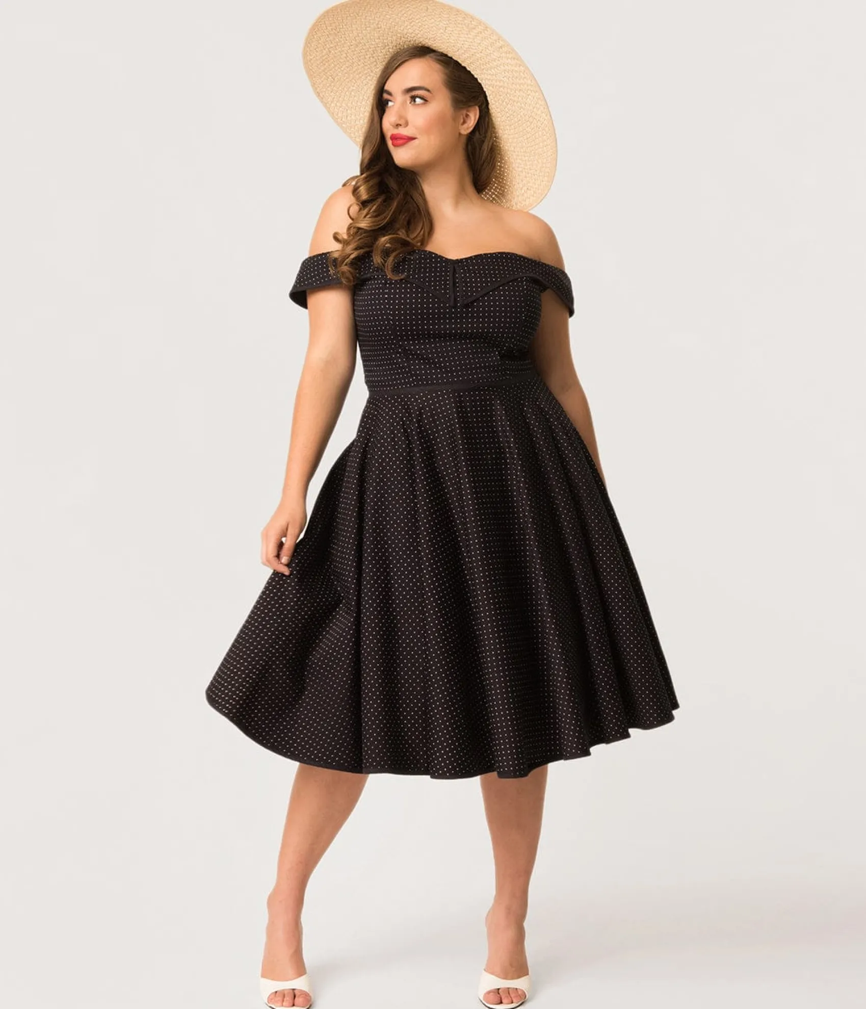 Unique Vintage Plus Size 1950s Style Navy & White Pin Dot Off Shoulder Scarlet Swing Dress Fashion