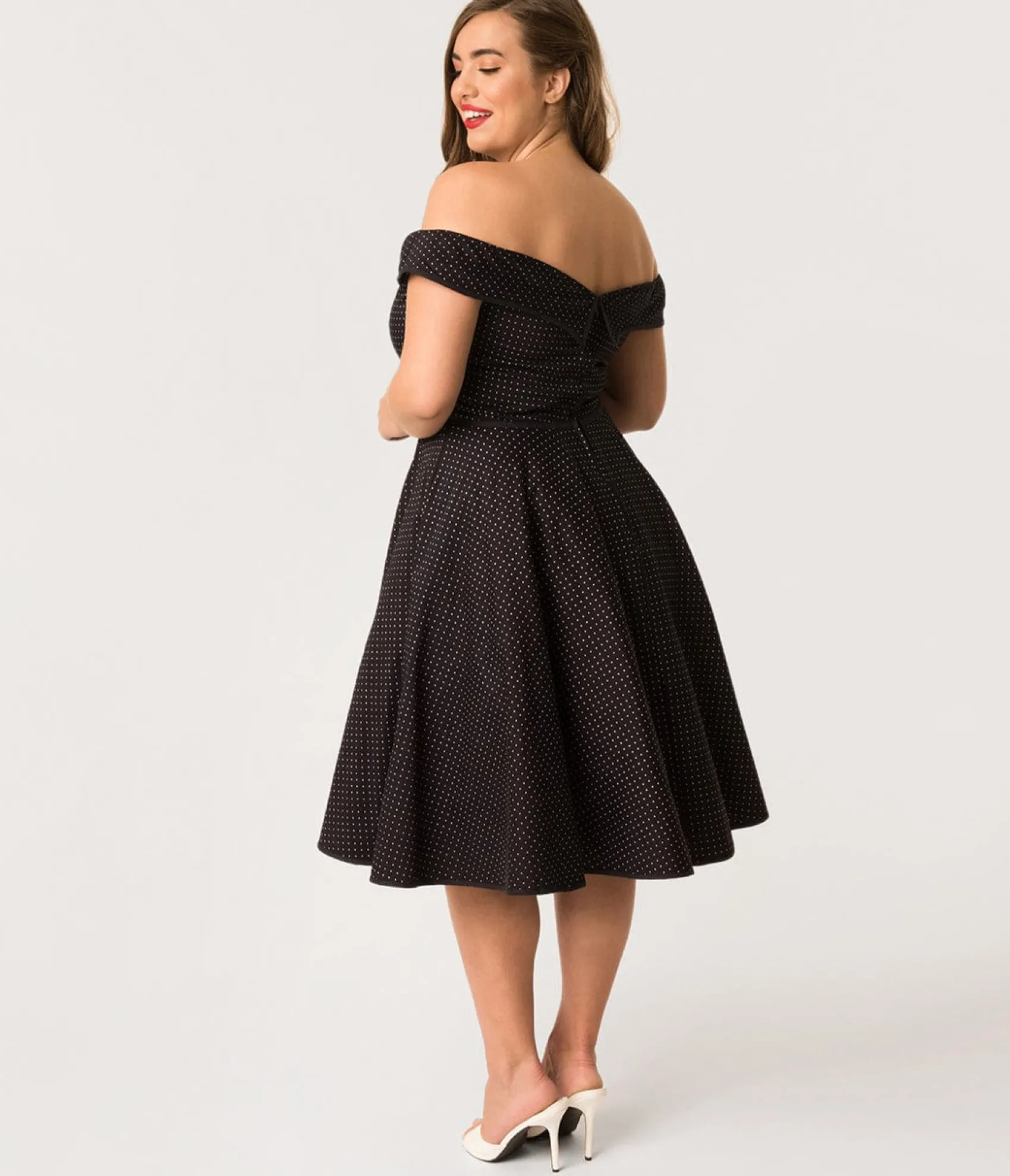 Unique Vintage Plus Size 1950s Style Navy & White Pin Dot Off Shoulder Scarlet Swing Dress Fashion
