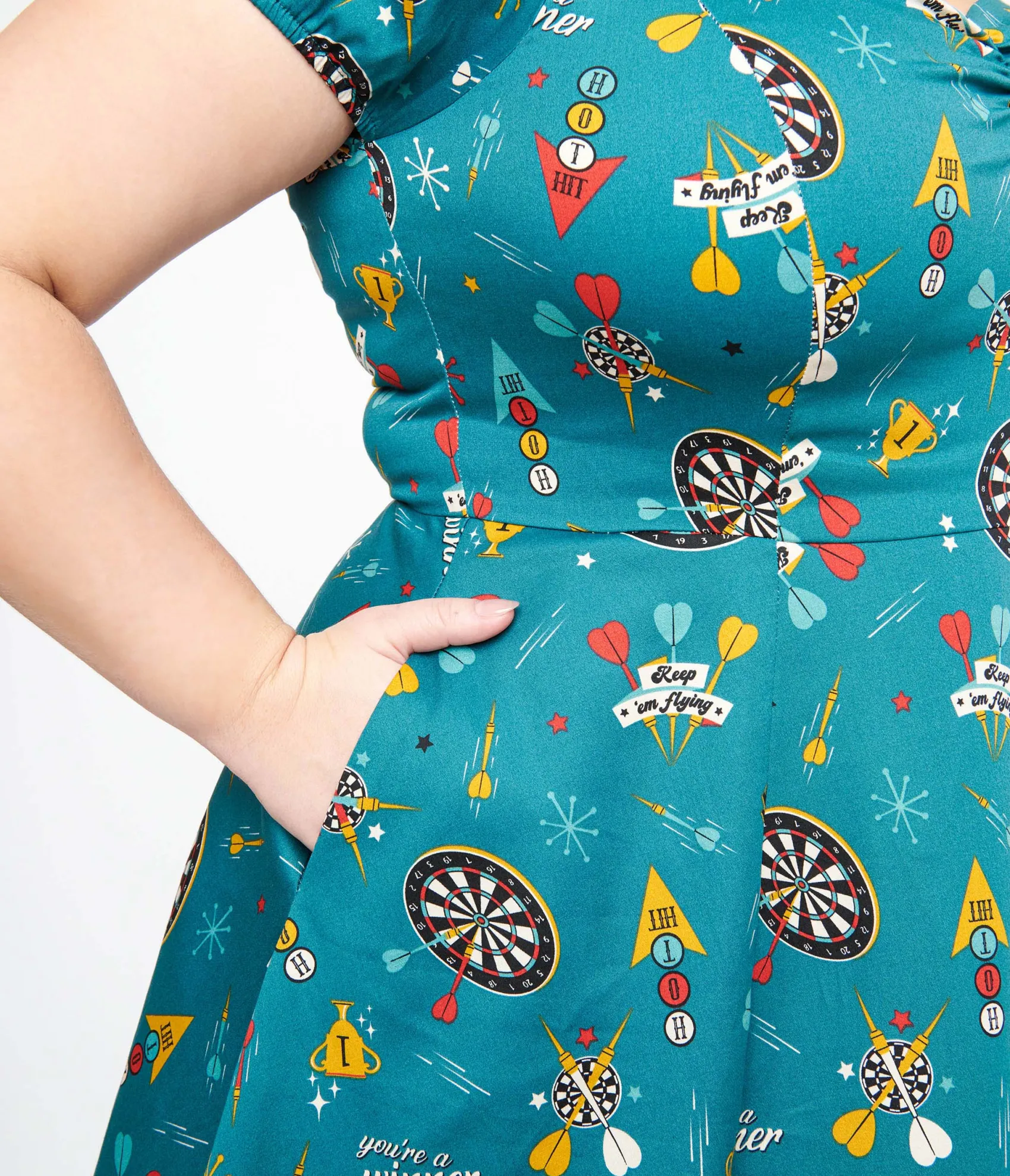 Unique Vintage Plus Size 1950s Teal Dart Board Keep Em Flying Cotton Swing Dress Online