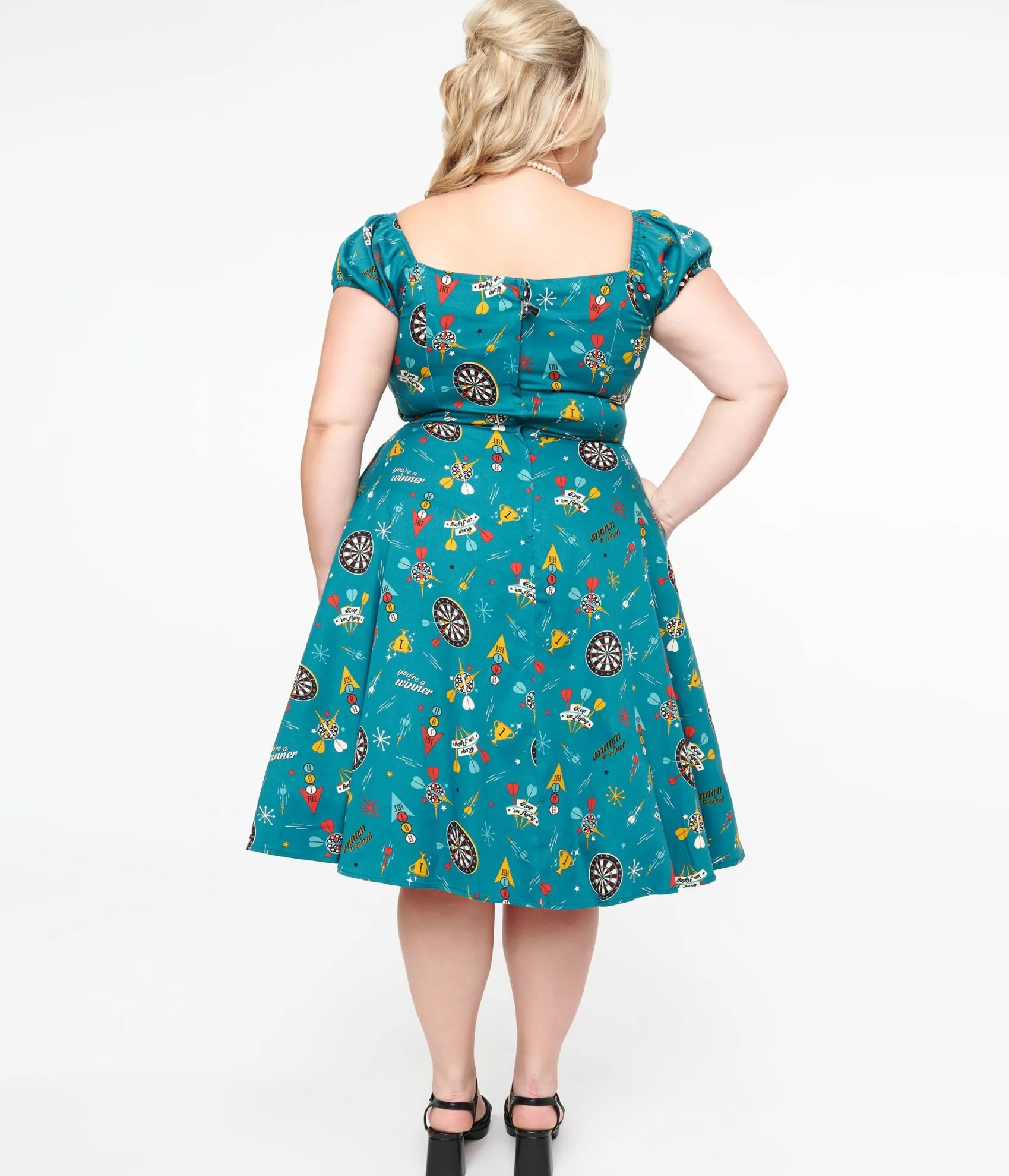 Unique Vintage Plus Size 1950s Teal Dart Board Keep Em Flying Cotton Swing Dress Online