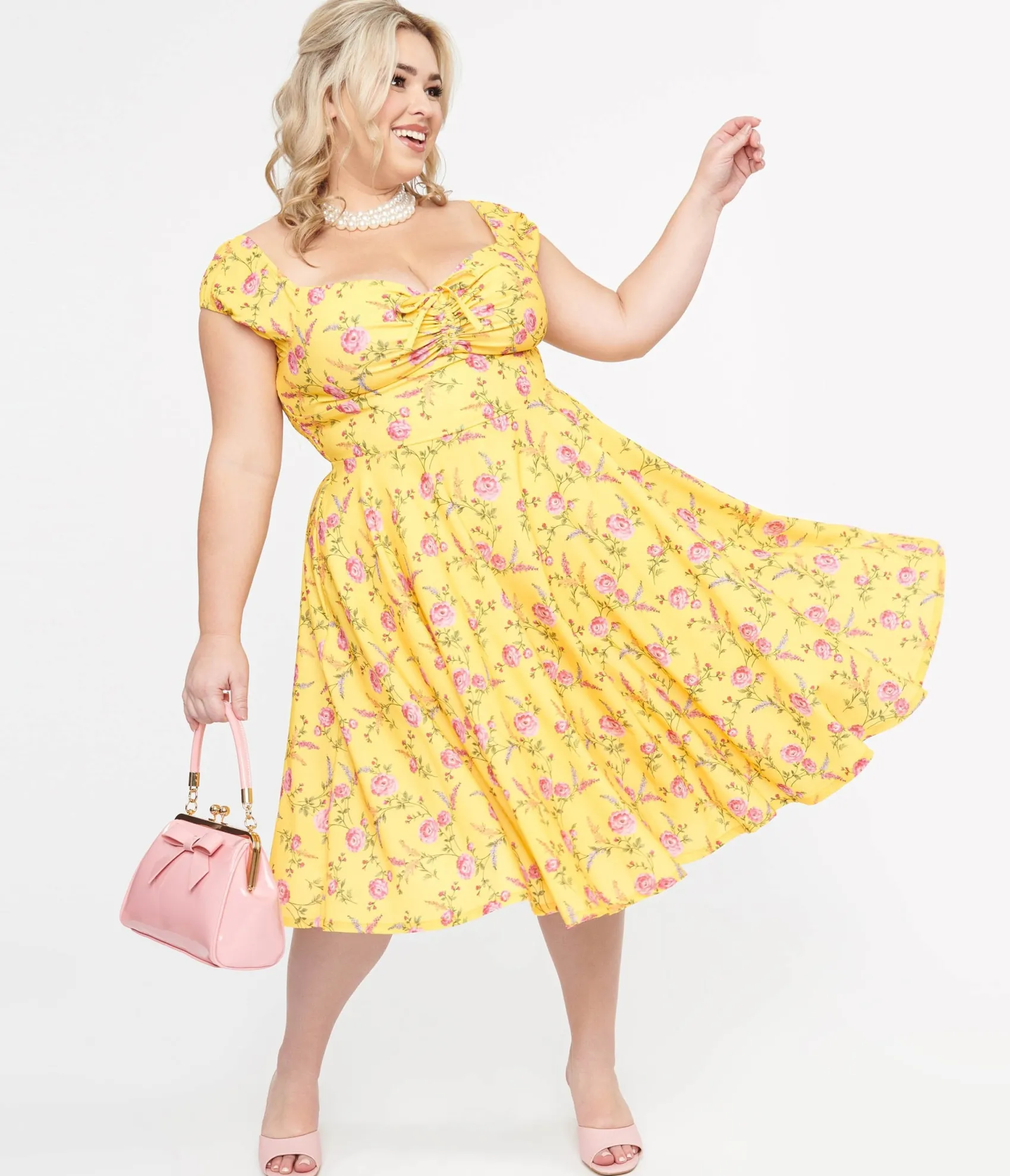Unique Vintage Plus Size 1950s Yellow & Fuchsia Floral Victoria Swing Dress Store