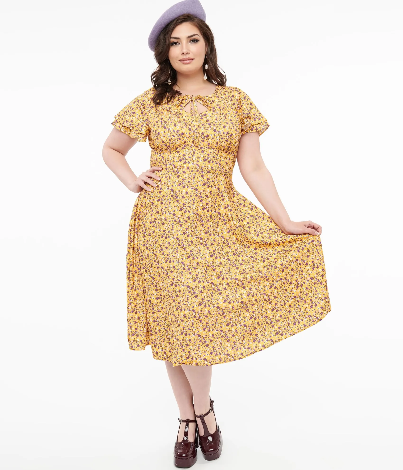 Unique Vintage Plus Size 1950s Yellow & Purple Floral Capelet Swing Dress Sale