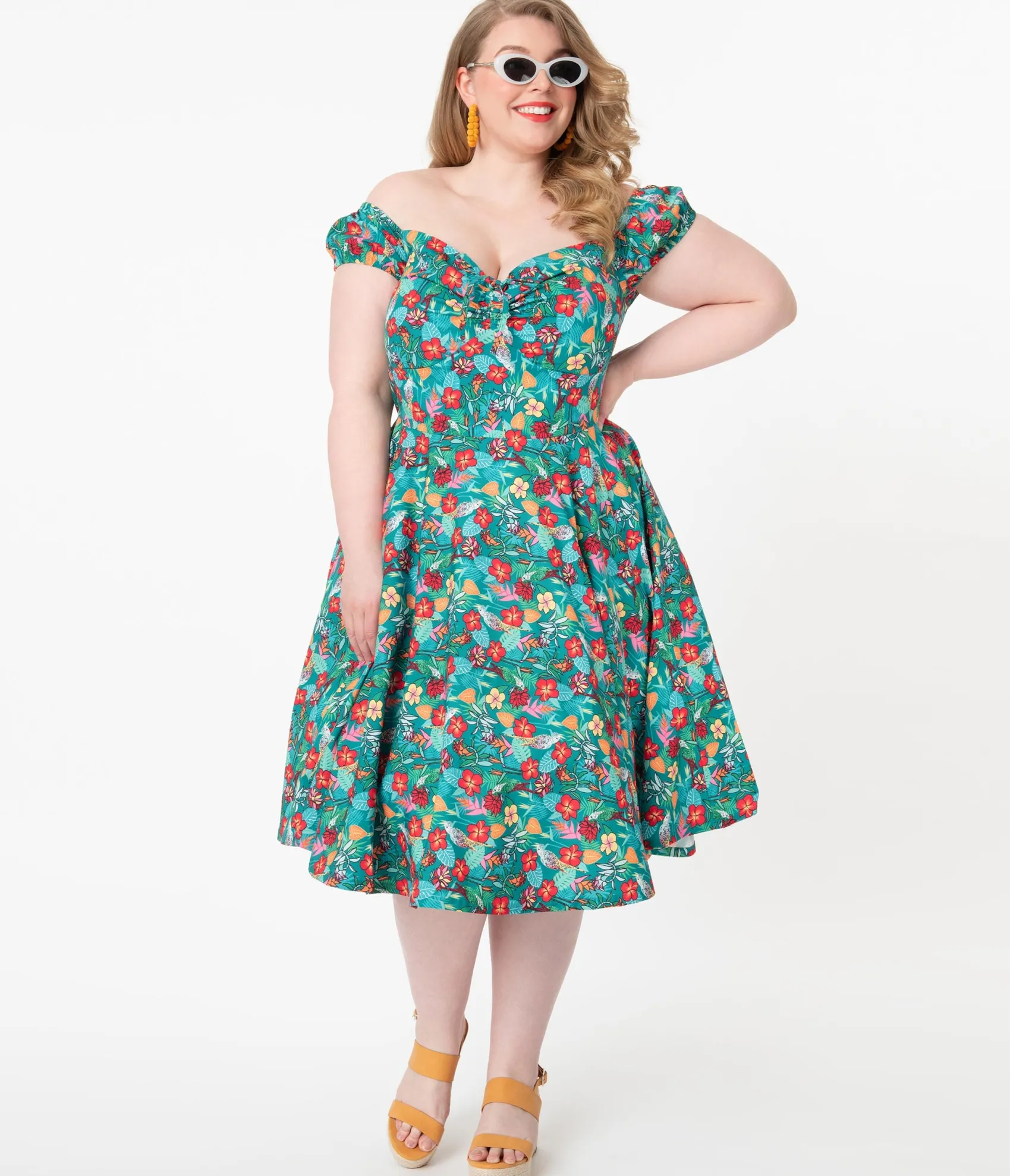 Unique Vintage Plus Size Teal & Multicolor Tropical Floral Print Preston Swing Dress Hot