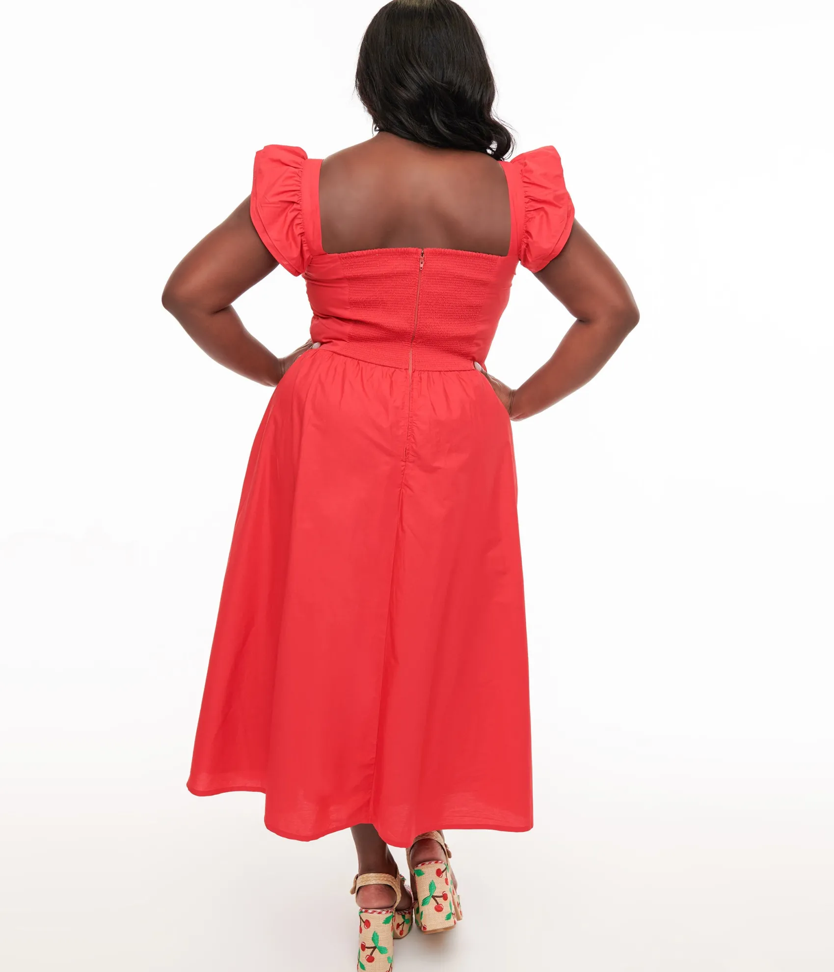 Unique Vintage Plus Size Y2K Red Flutter Sleeve Poplin Midi Dress Discount