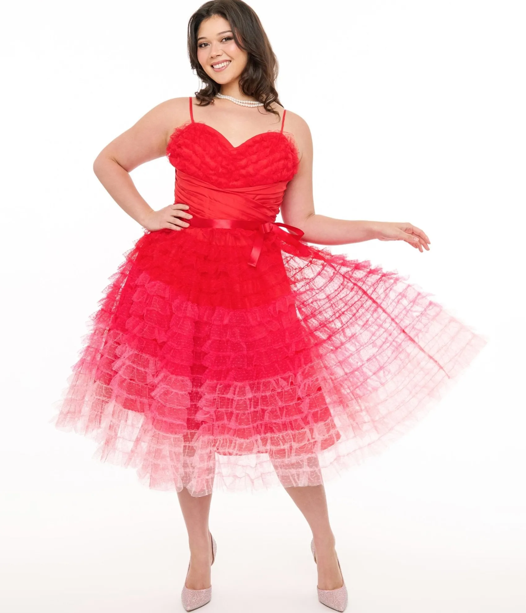 Unique Vintage Preorder- Plus Size 1950s Red & Pink Ombre Tulle Cupcake Swing Dress New