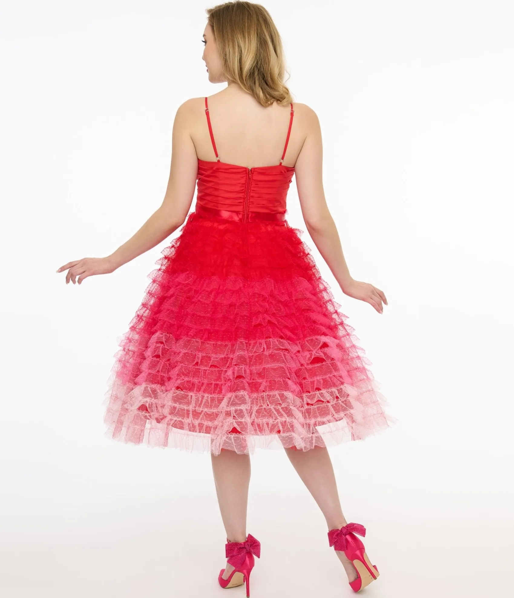 Unique Vintage Preorder- 1950s Red & Pink Ombre Tulle Cupcake Swing Dress Fashion