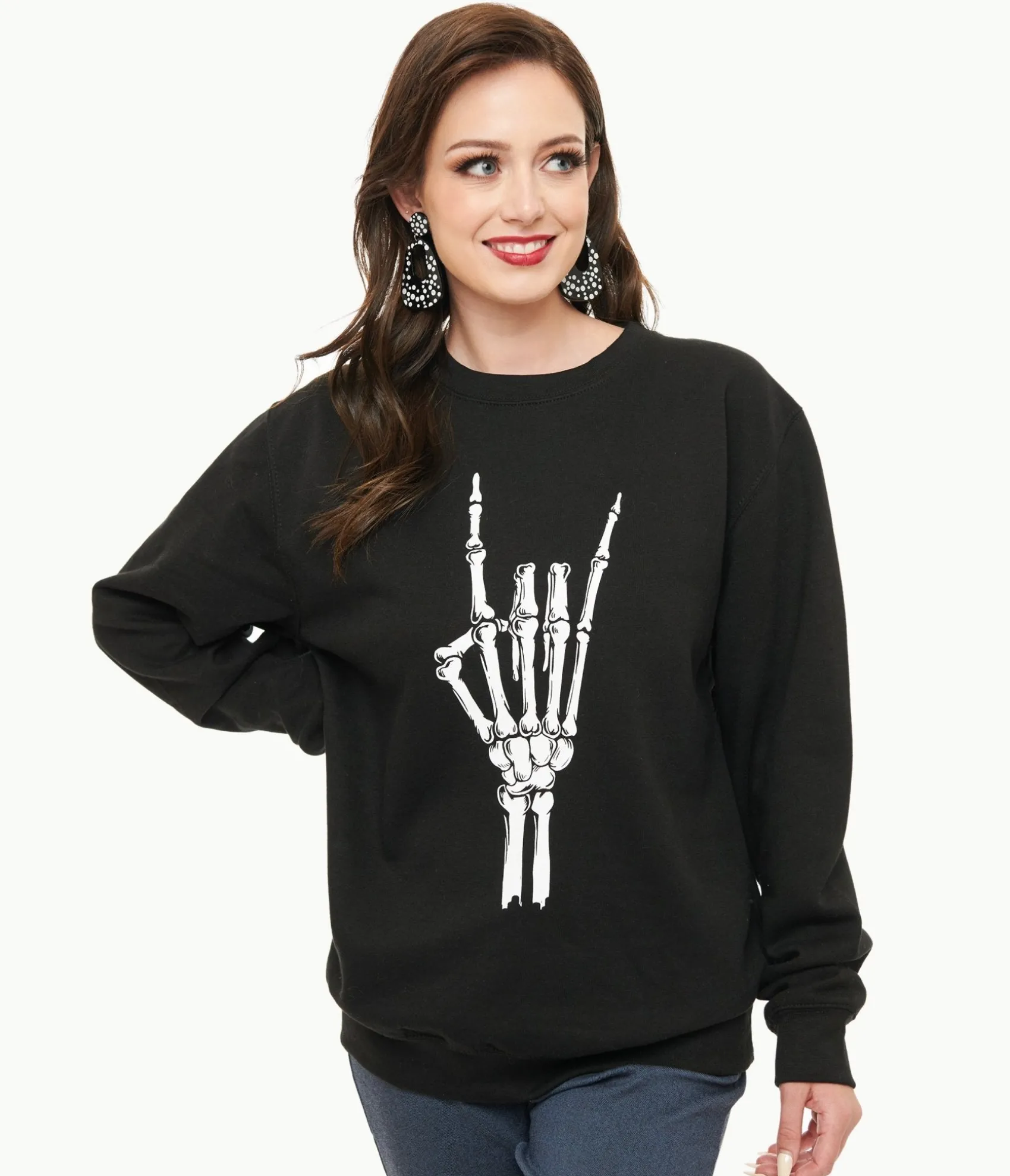 Unique Vintage Pretty Attitude Clothing Metal Horns Skeleton Hand Sweatshirt Cheap