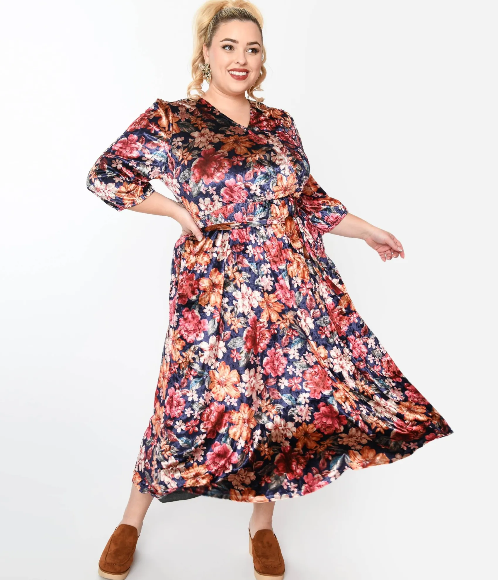 Unique Vintage Purple & Multicolor Floral Velvet Midi Dress Best Sale