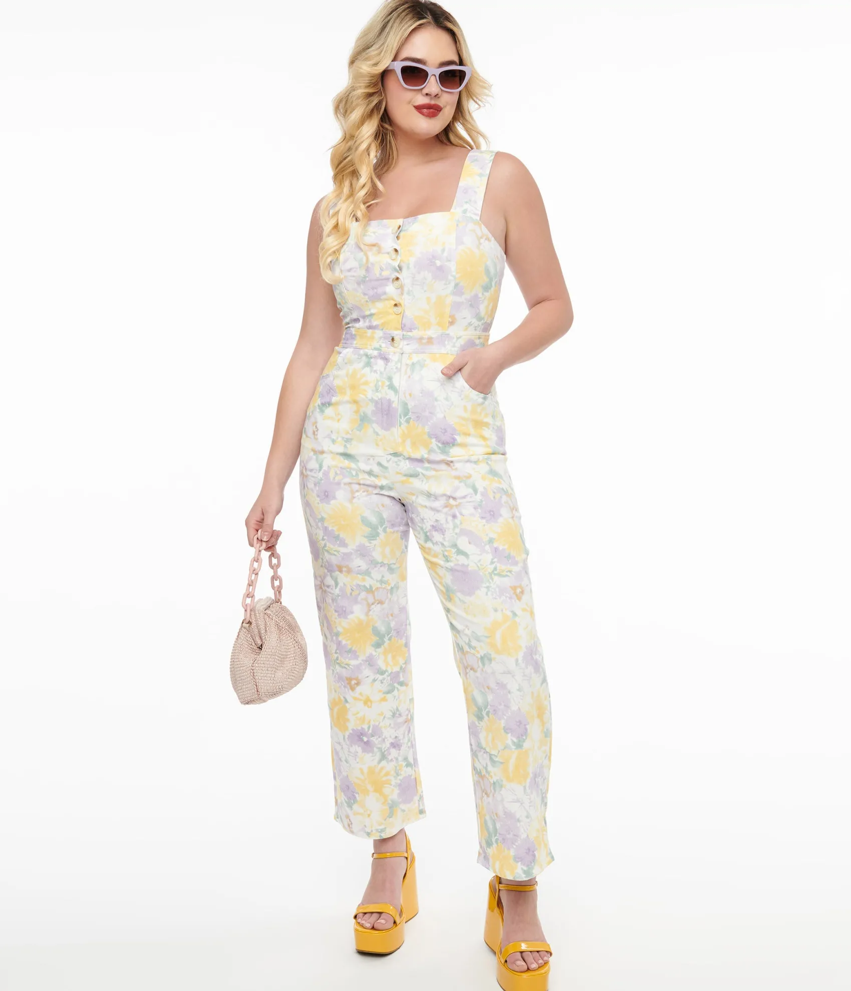 Unique Vintage Purple & Yellow Pastel Floral Jumpsuit Shop