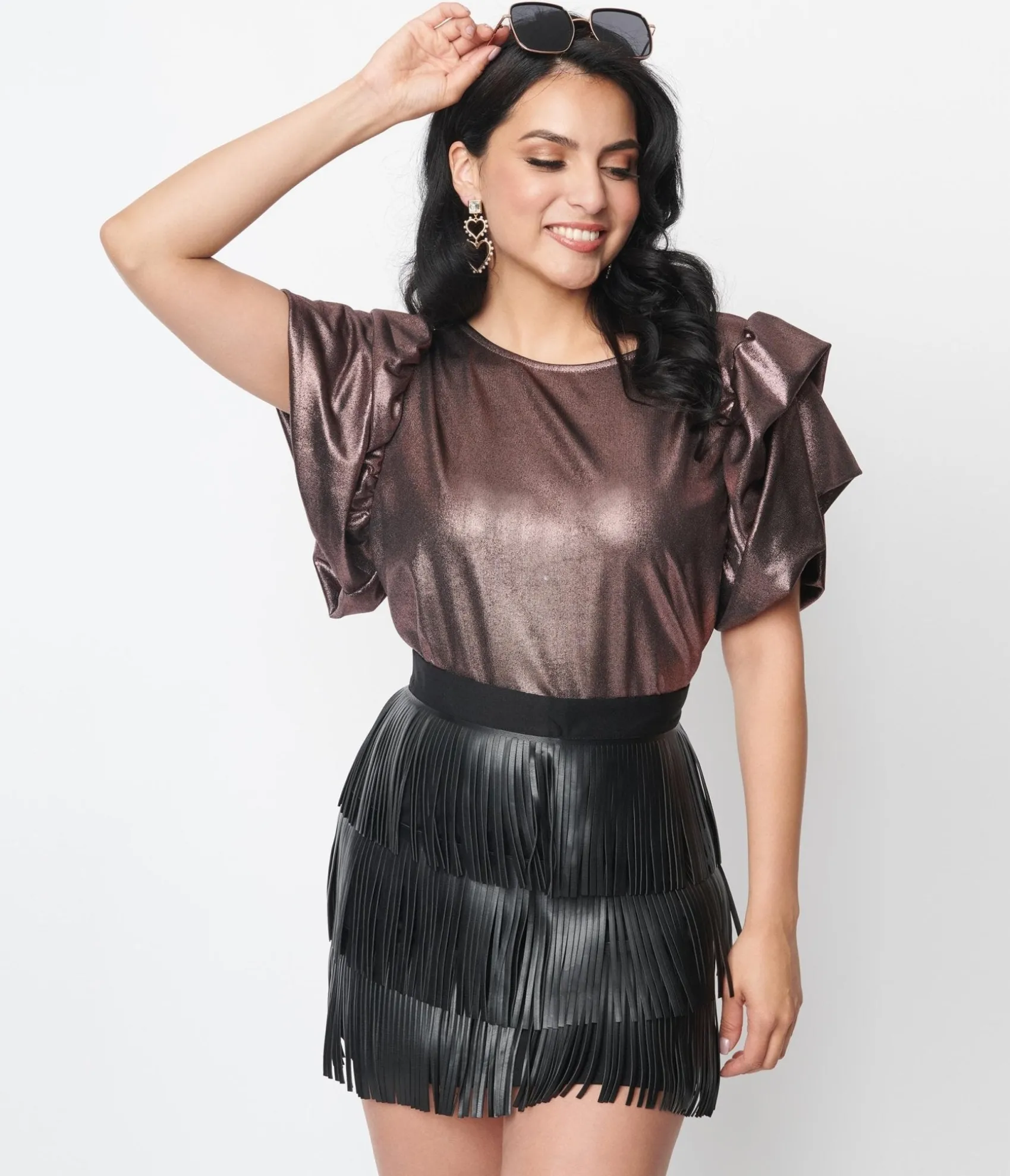 Unique Vintage Purple Metallic Ruffle Top Hot