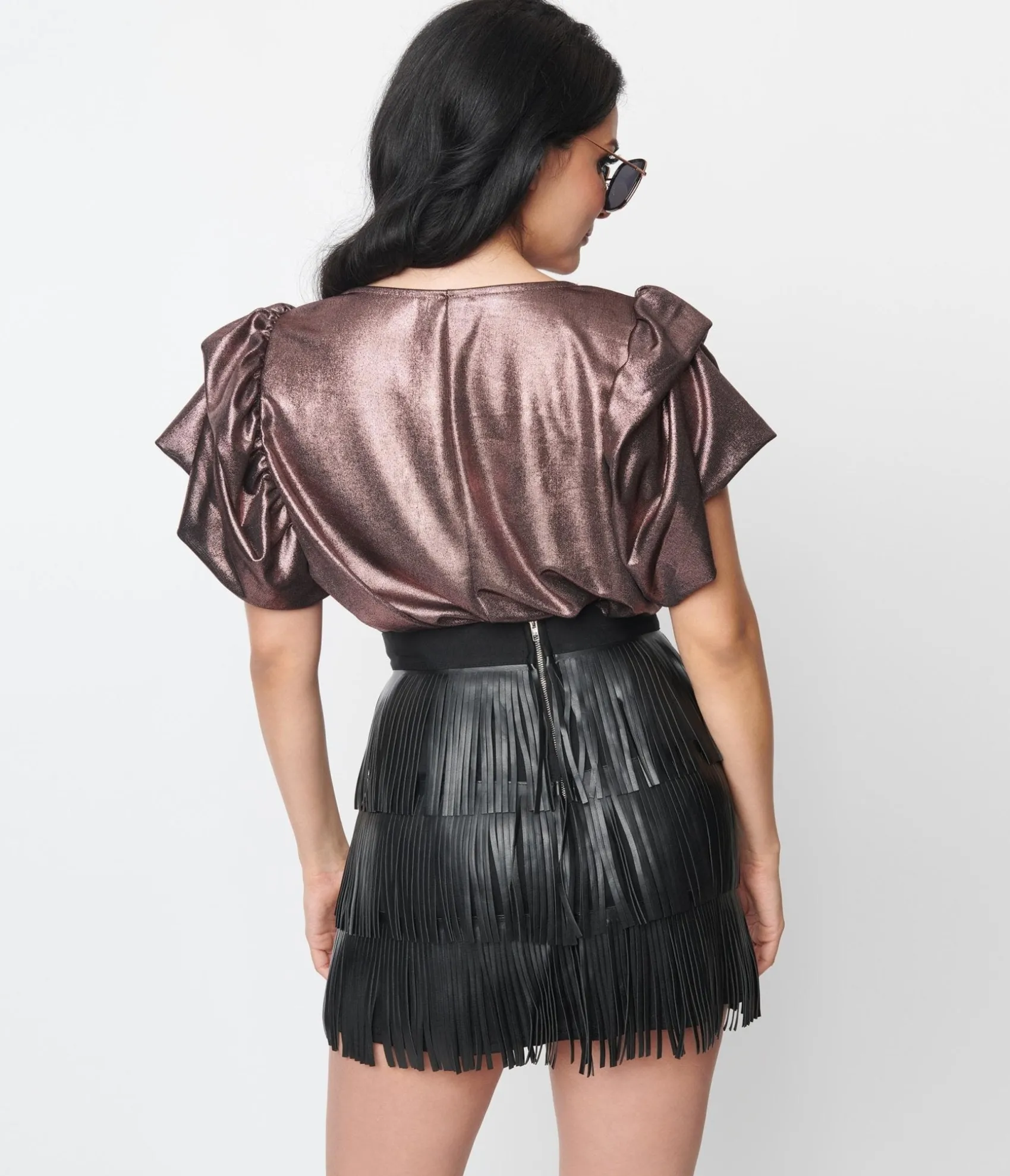 Unique Vintage Purple Metallic Ruffle Top Hot