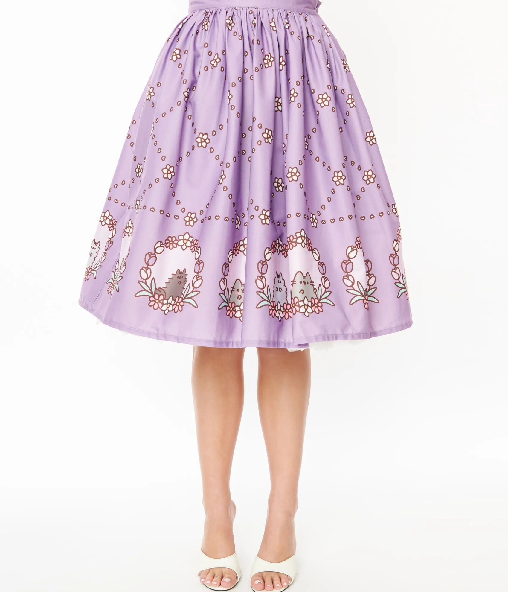 Unique Vintage Pusheen x Lavender Pusheen Floral Frame Print Gellar Swing Skirt Shop