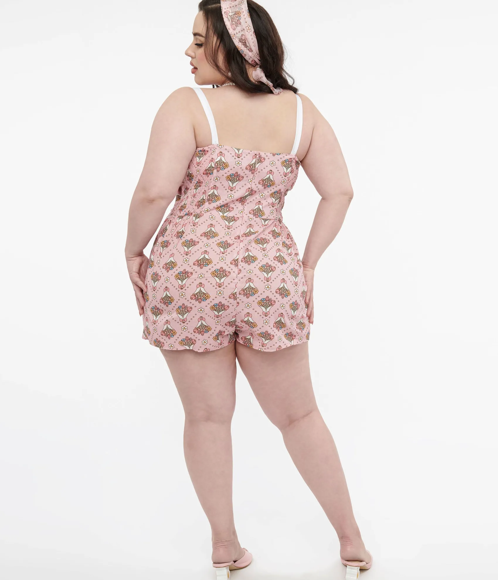 Unique Vintage Pusheen x Plus Size Pink Pusheen Floral Bouquet Print Rae Romper Outlet
