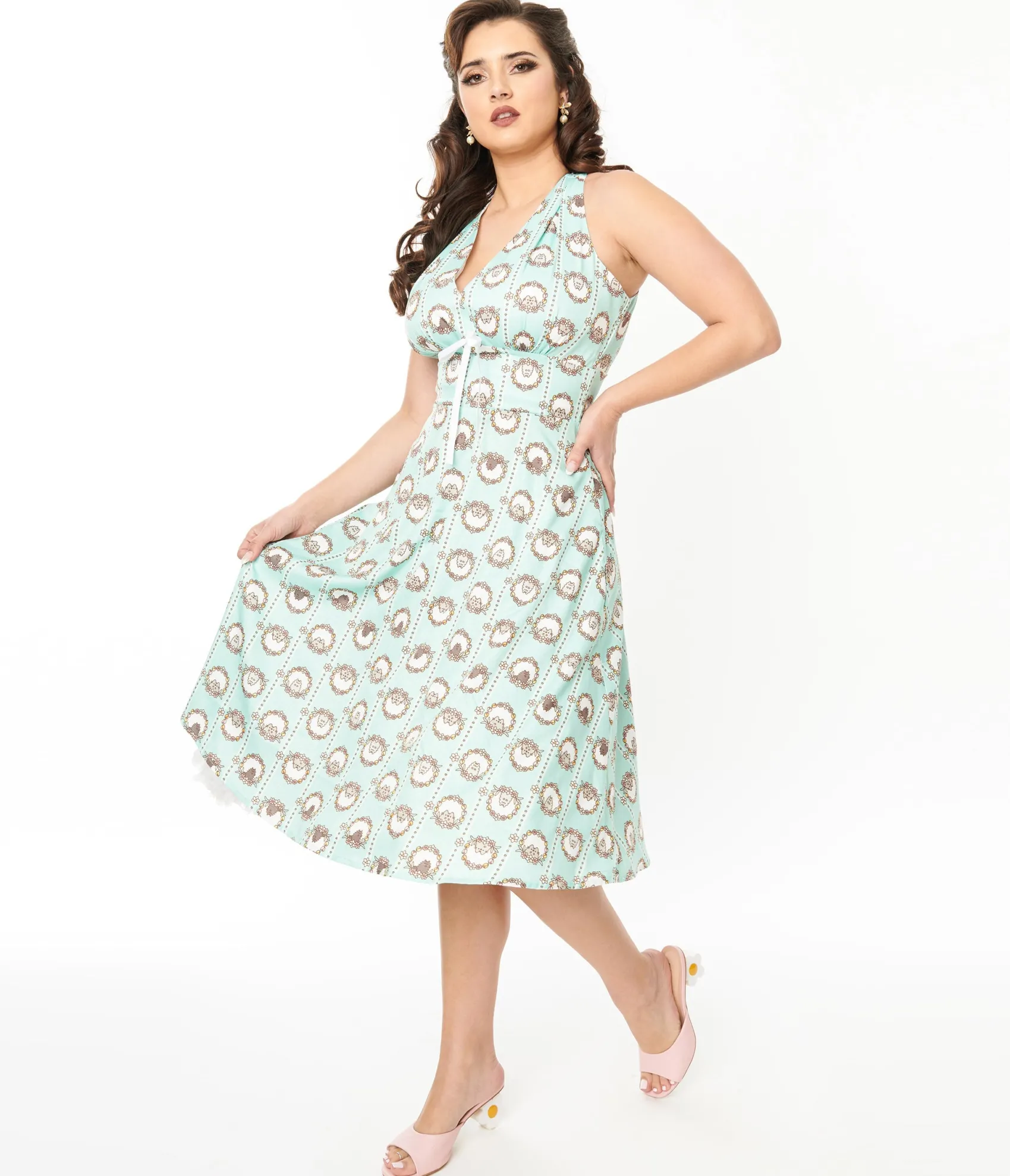 Unique Vintage Pusheen x Teal Pusheen Floral Frame Print Halter Swing Dress Clearance