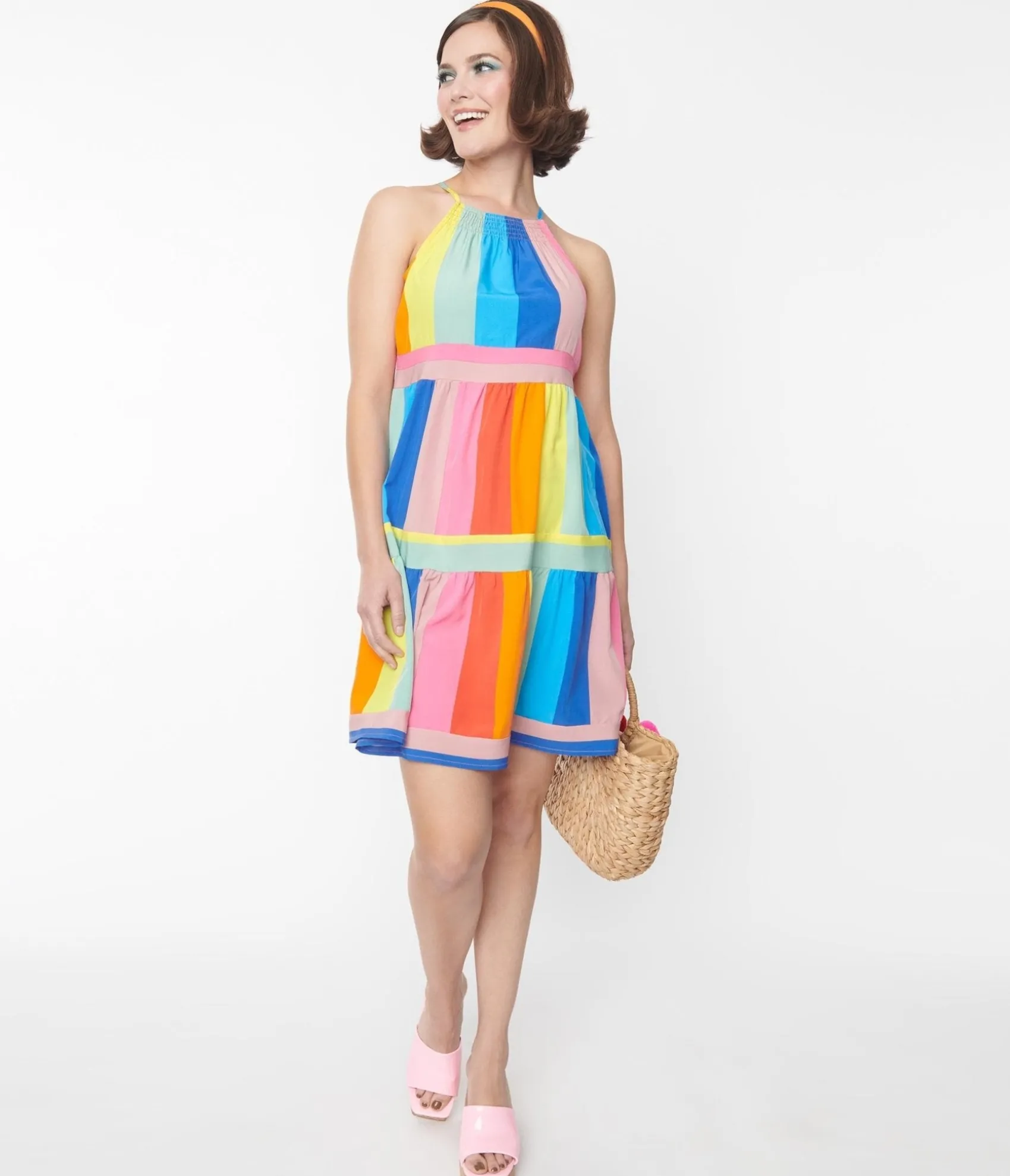 Unique Vintage Rainbow Striped Shift Dress Sale