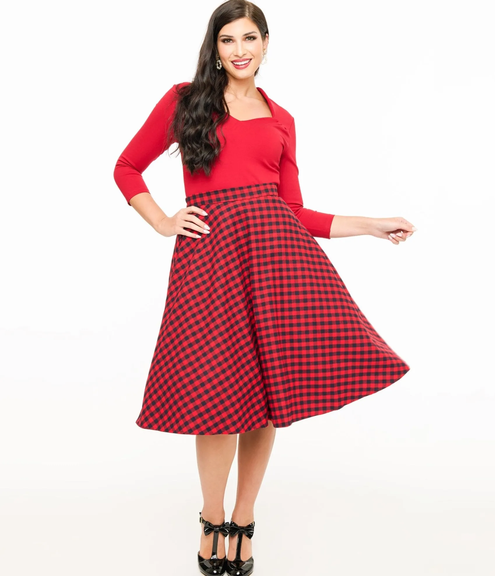 Unique Vintage Red & Black Plaid Midi Skirt Sale