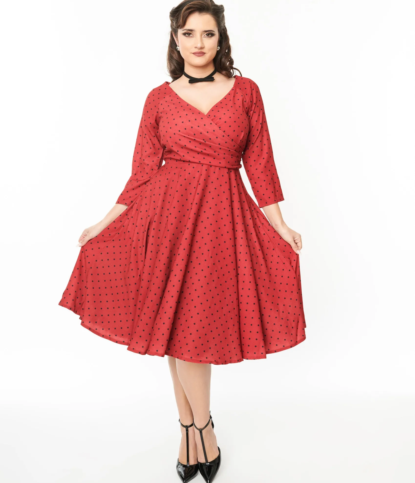 Unique Vintage Red & Black Polka Dot Genevieve Swing Dress Shop