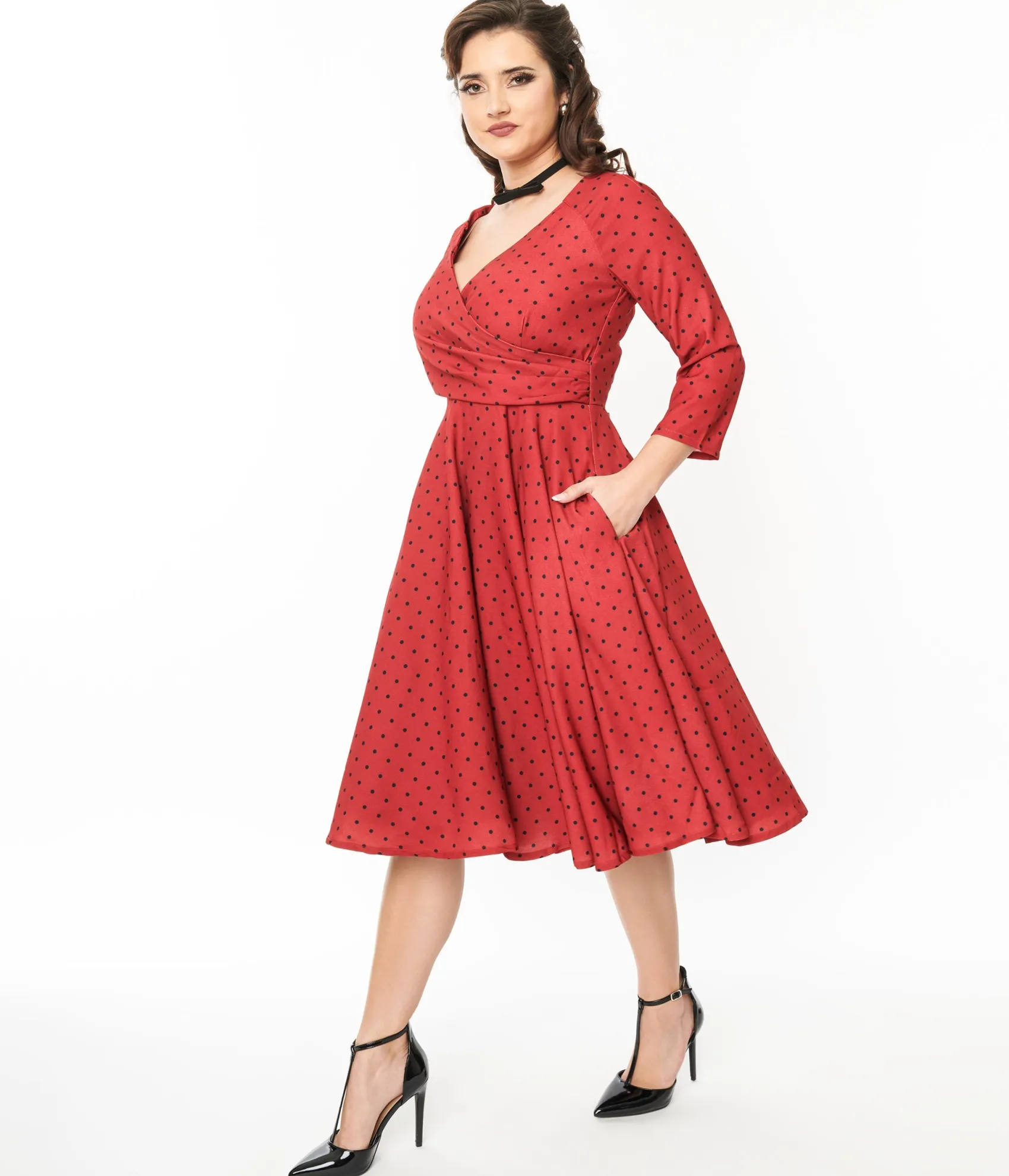 Unique Vintage Red & Black Polka Dot Genevieve Swing Dress Shop