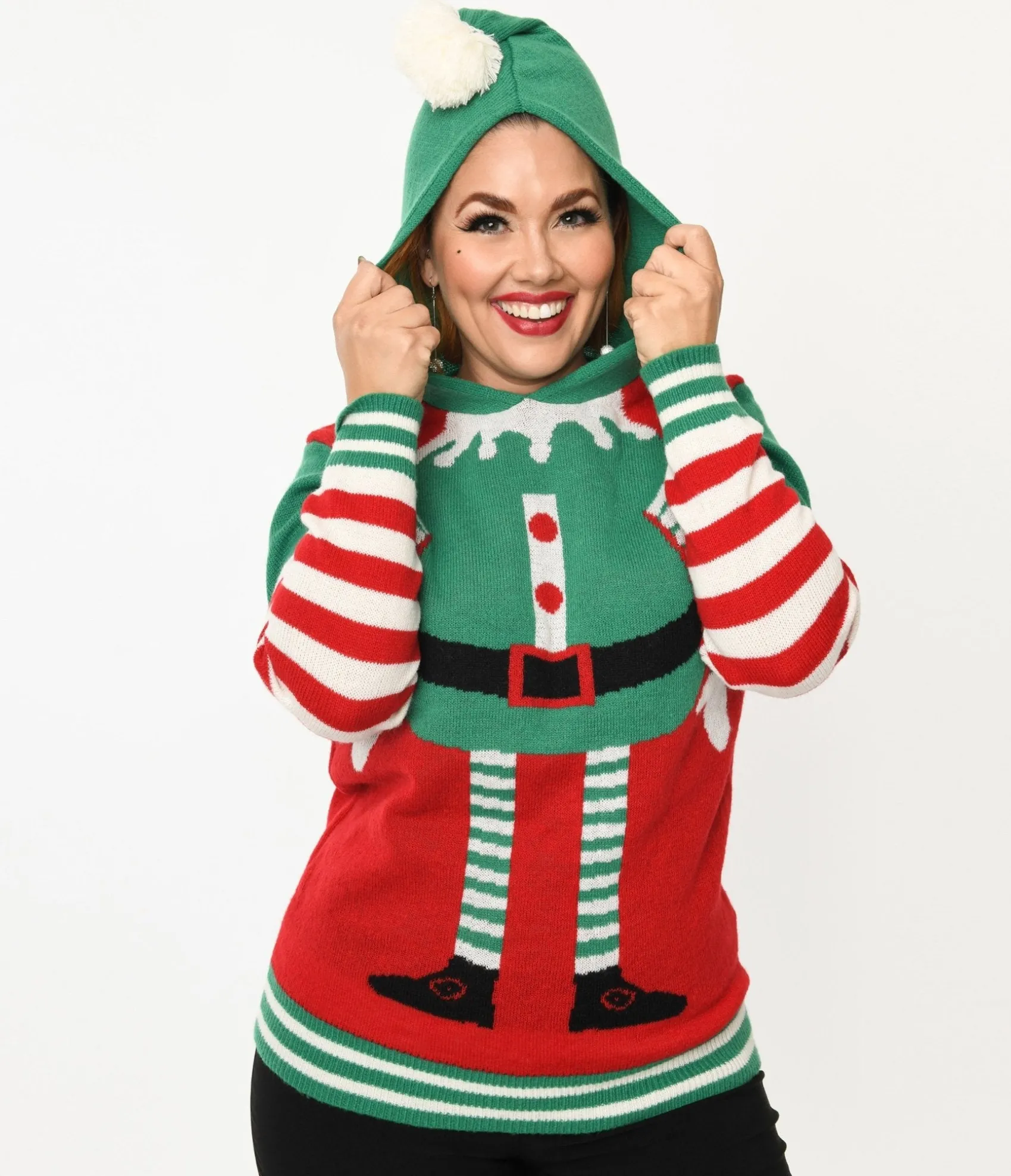 Unique Vintage Red & Green Elf Hooded Holiday Sweater Outlet