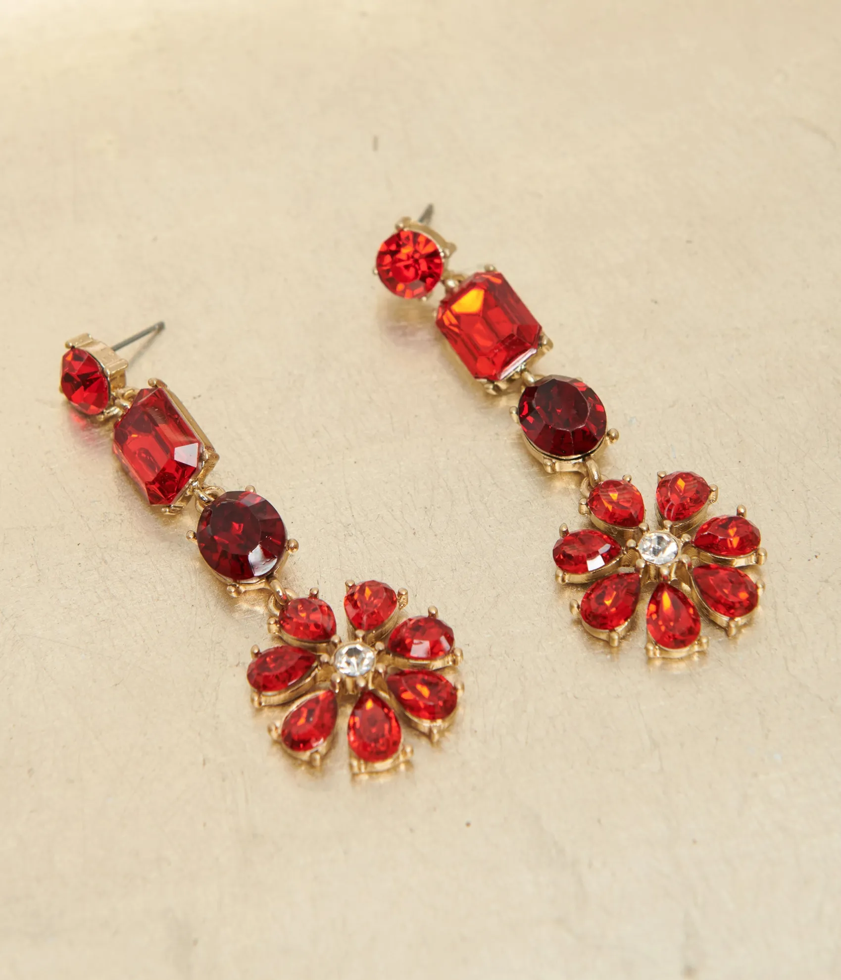 Unique Vintage Red Rhinestone Floral Drop Earrings New