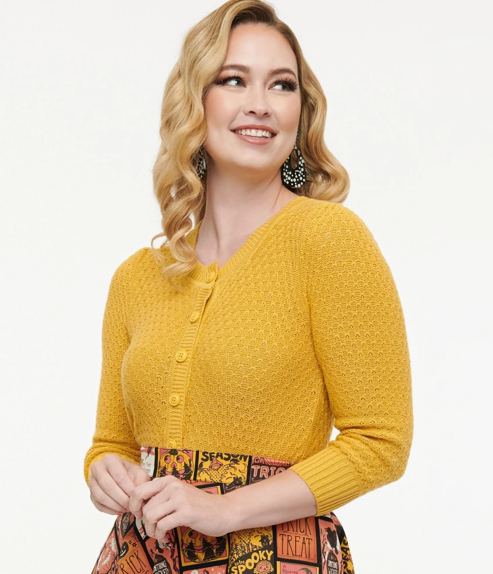 Unique Vintage Retro Style Honey Yellow Cotton Crochet Sleeved Button Cardigan Store