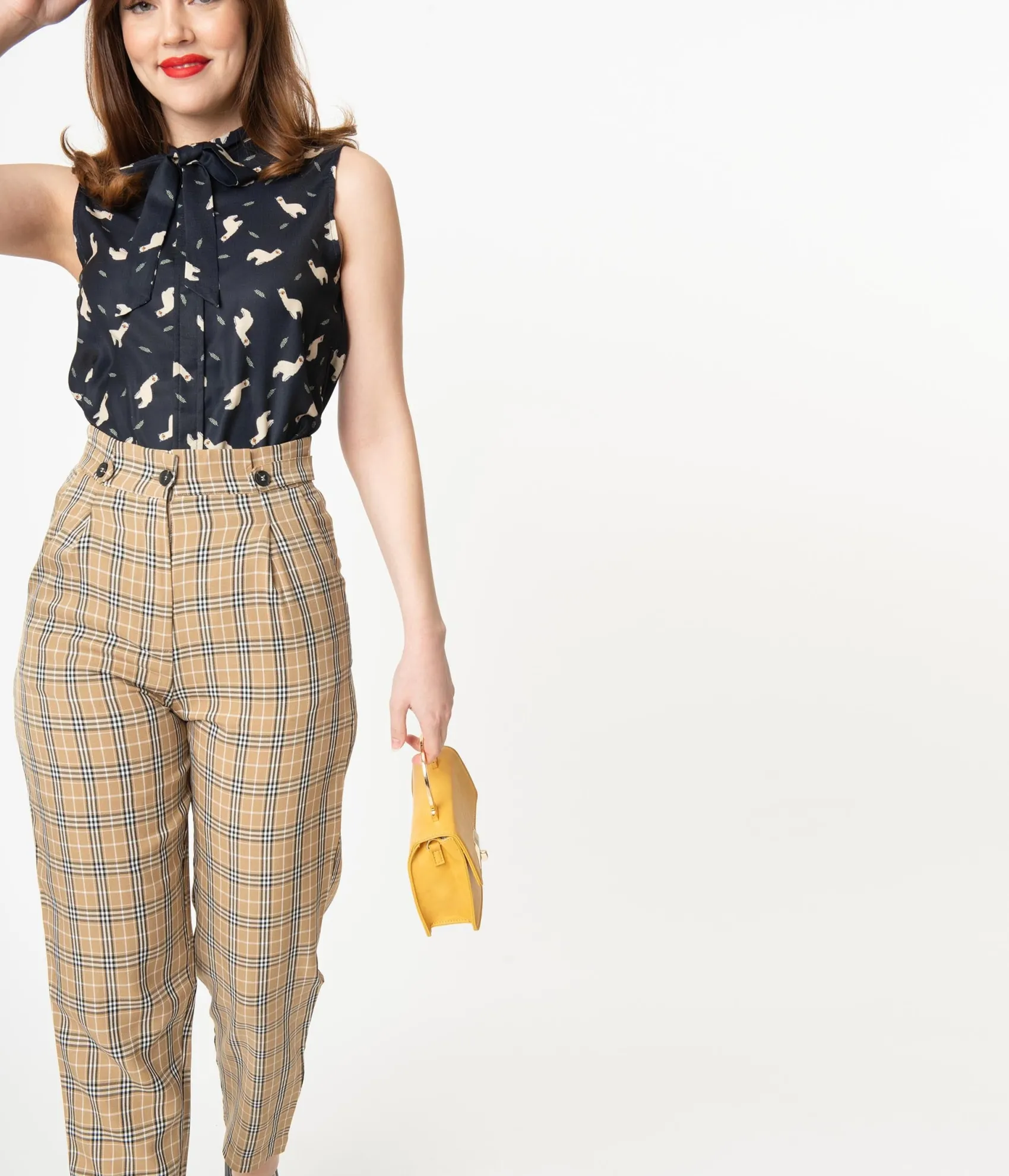 Unique Vintage Retro Style Tan & Black Plaid High Waist Pants Best