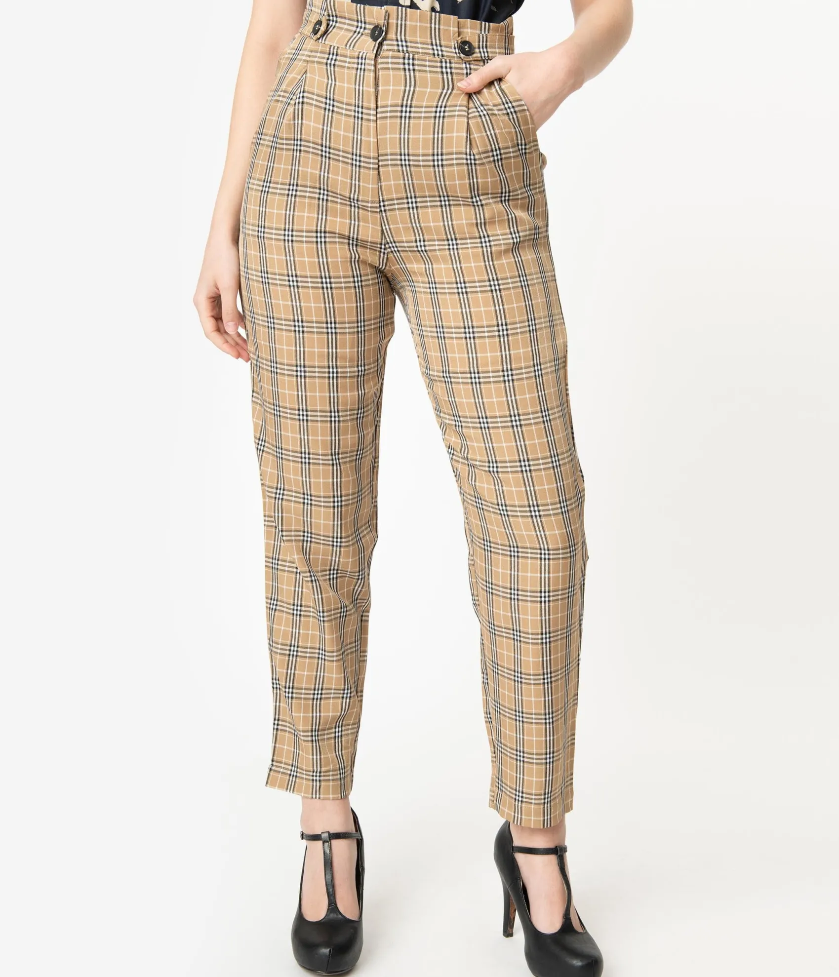 Unique Vintage Retro Style Tan & Black Plaid High Waist Pants Best