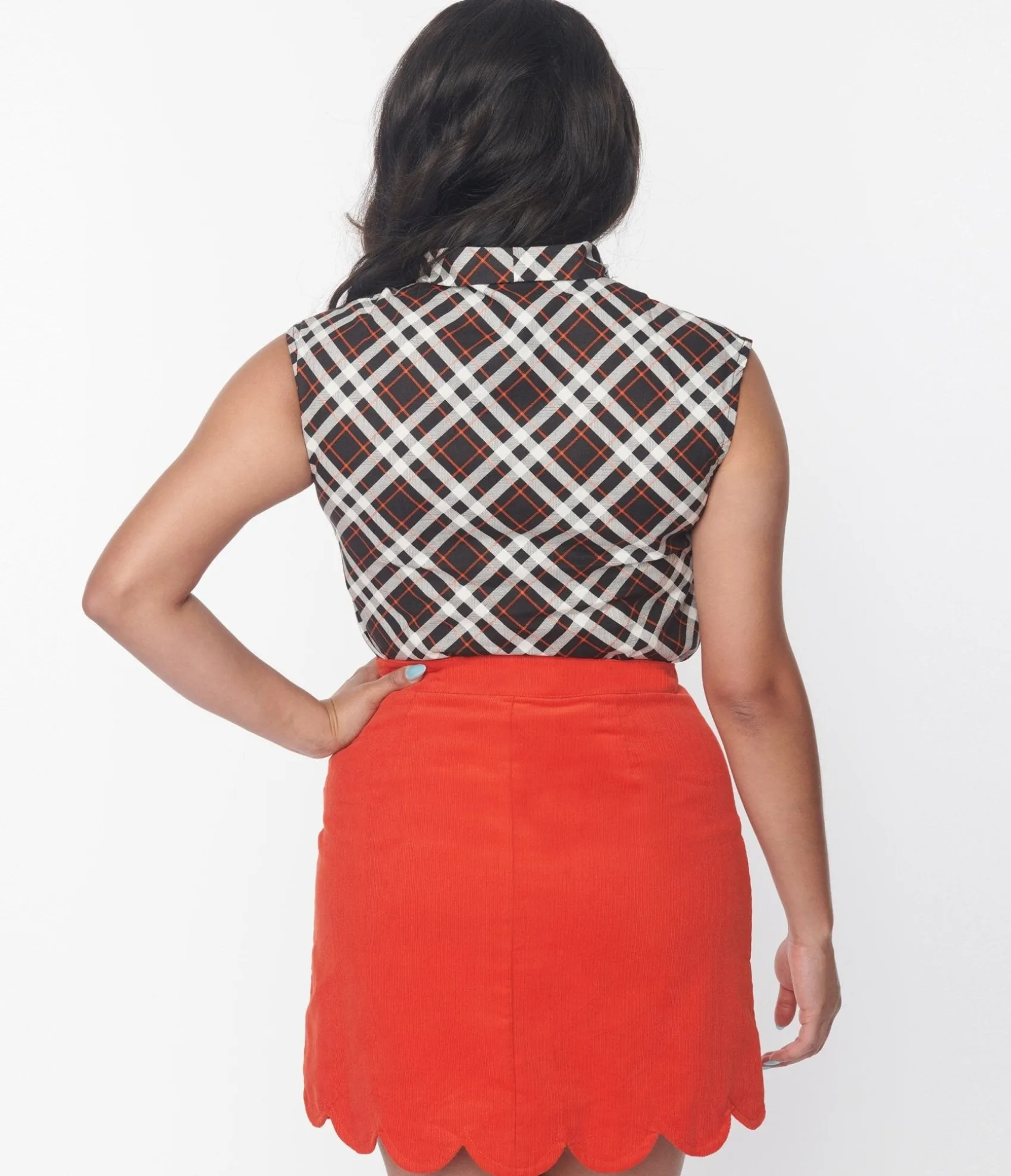 Unique Vintage Retrolicious Black & Orange Plaid Bow Top New