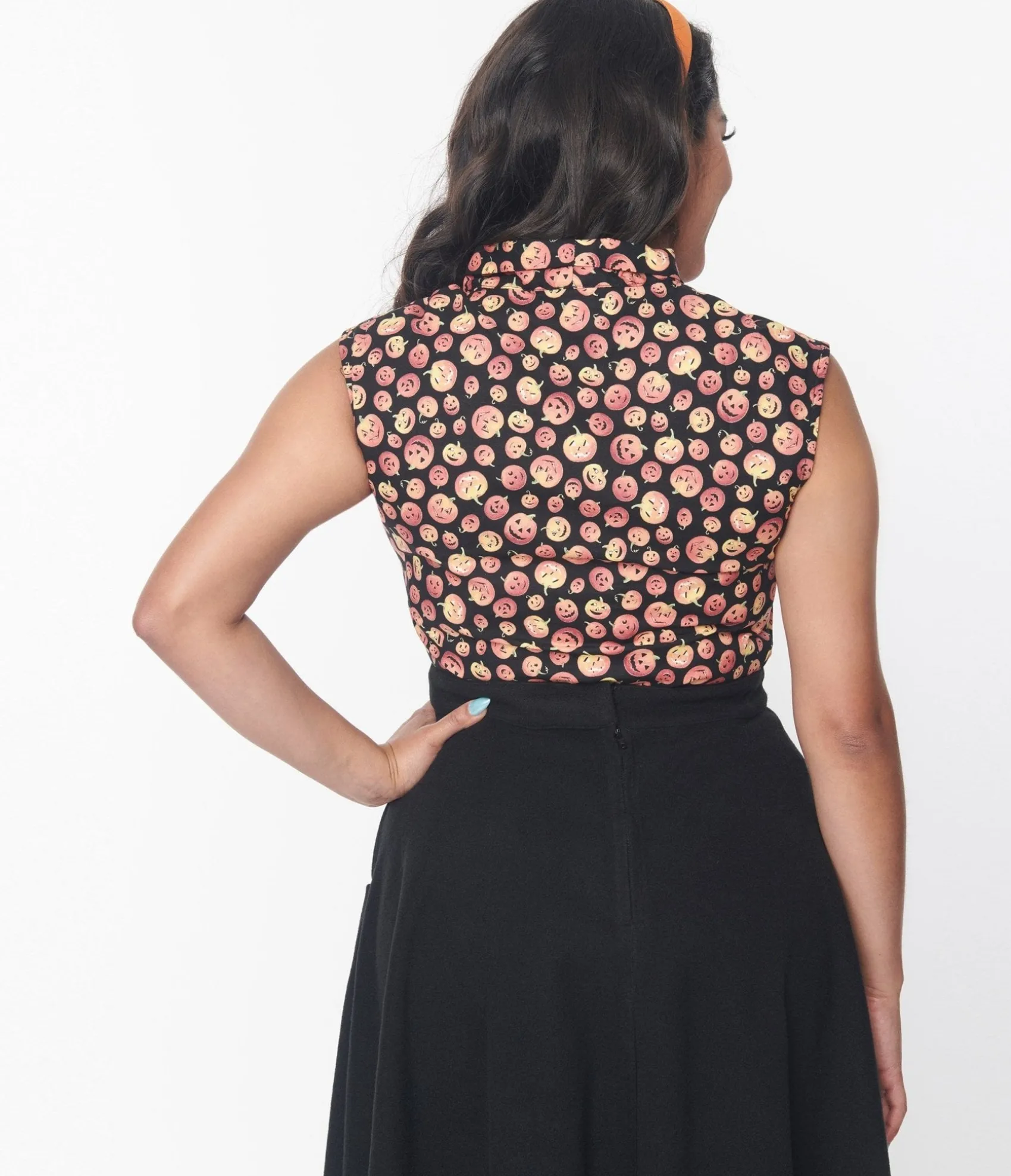 Unique Vintage Retrolicious Black & Pumpkins Bow Blouse Cheap